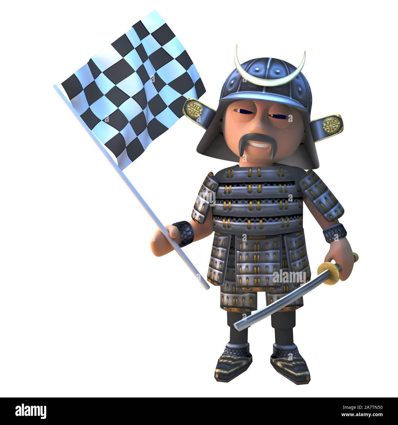 Cartoon 3d Samurai Krieger mit Schwert mit einem karierten Flagge, 3d-Grafik rendern Stockfoto