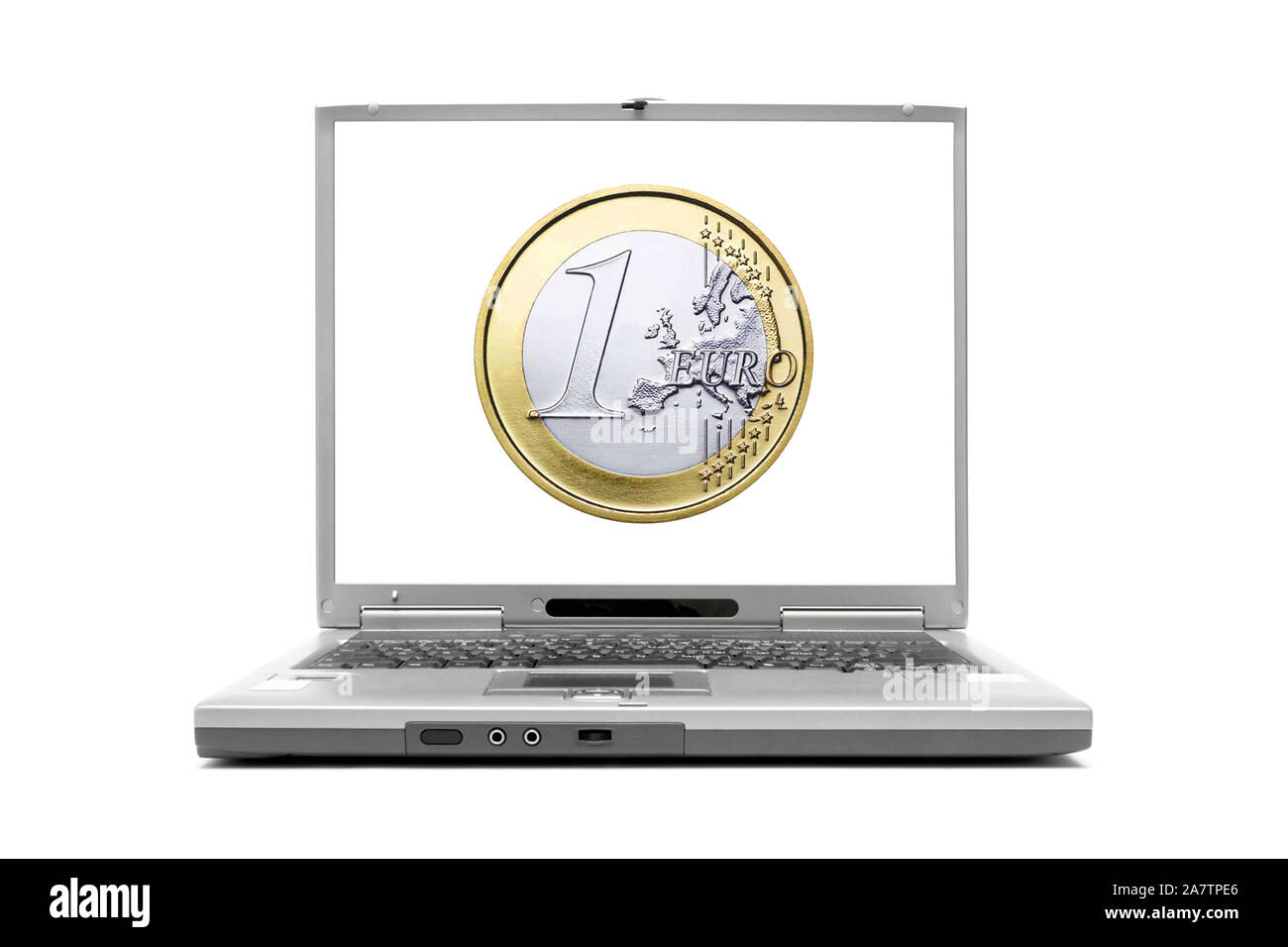 Laptop zeigt eine 1 Euro Münze auf dem Bildschirm Stockfoto