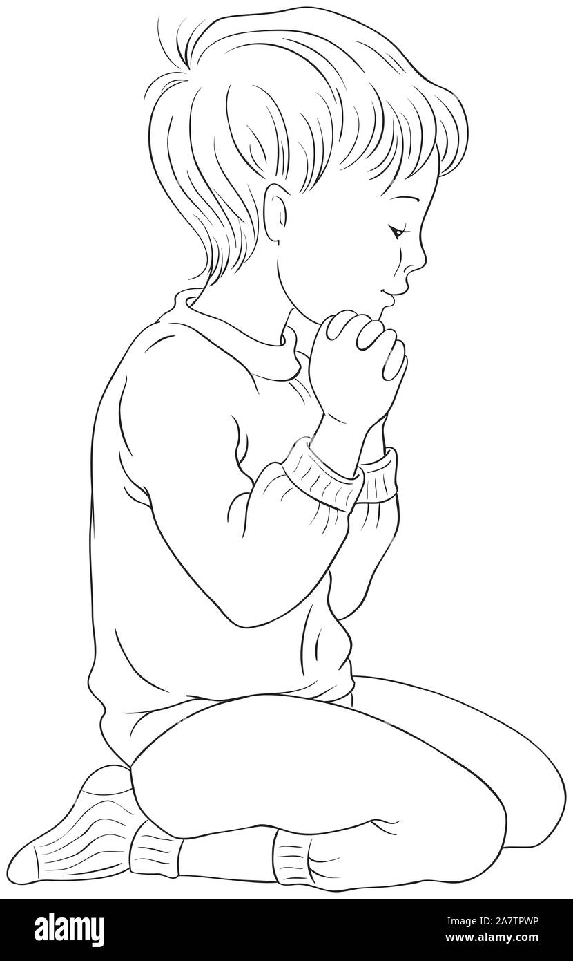 Llustration eines kleinen Jungen kniend in Gebet und ihre Hände gefaltet Färbung Seite Stockfoto