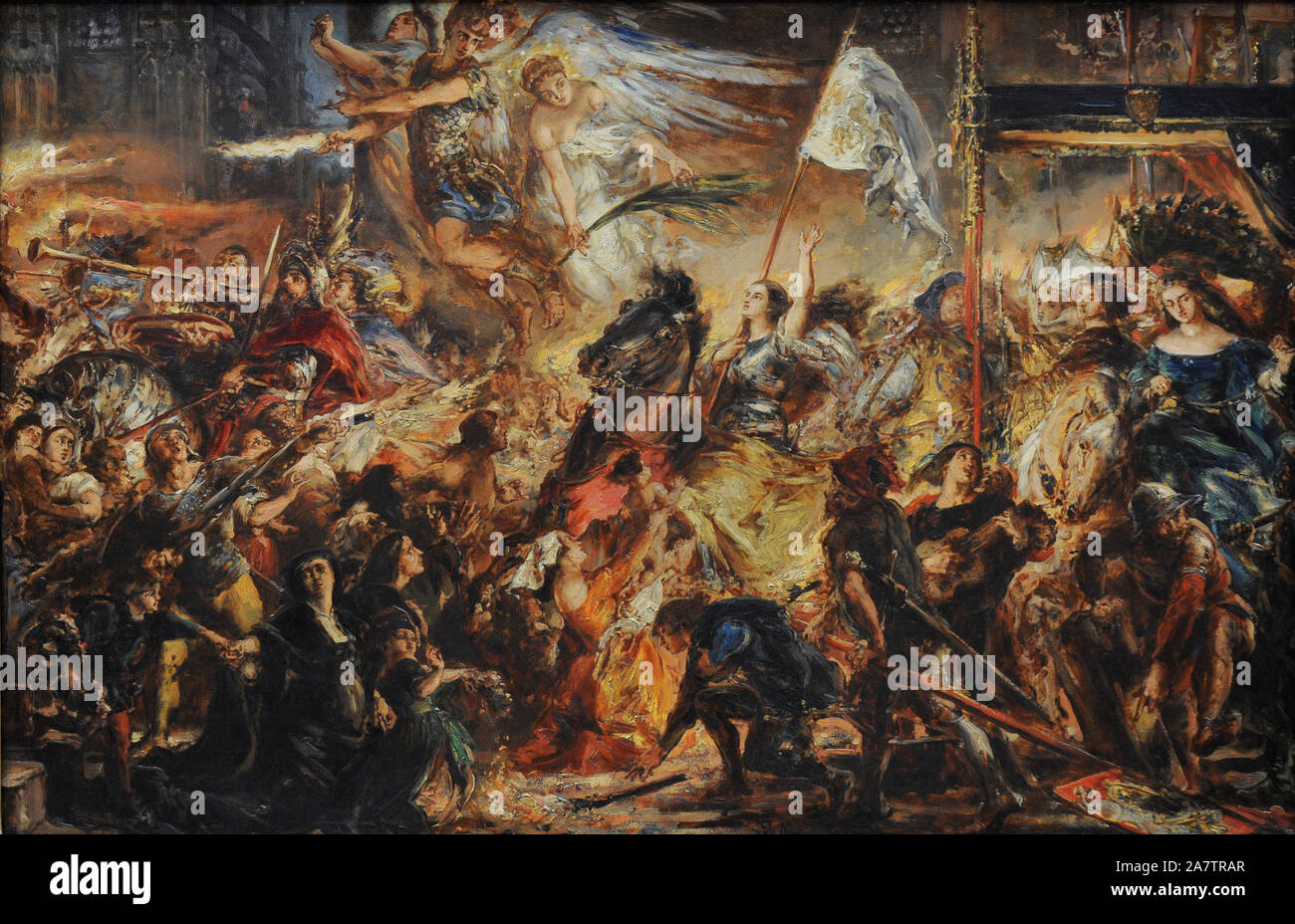 Jan Matejko (1838-1893). Polnische Maler. Die Jungfrau von Orleans, Skizze, 1883. Zeigt Jeanne d'Arc, nach dem Sieg über die englische Armee unter Berücksichtigung der Dolphin und seine Entourage in der Kathedrale von Reims, wo er König von Frankreich als Karl VII. gekrönt sein wird Jahrhundert in der polnischen Kunst Galerie (Sukiennice Museum). National Museum Krakau. Polen. Stockfoto