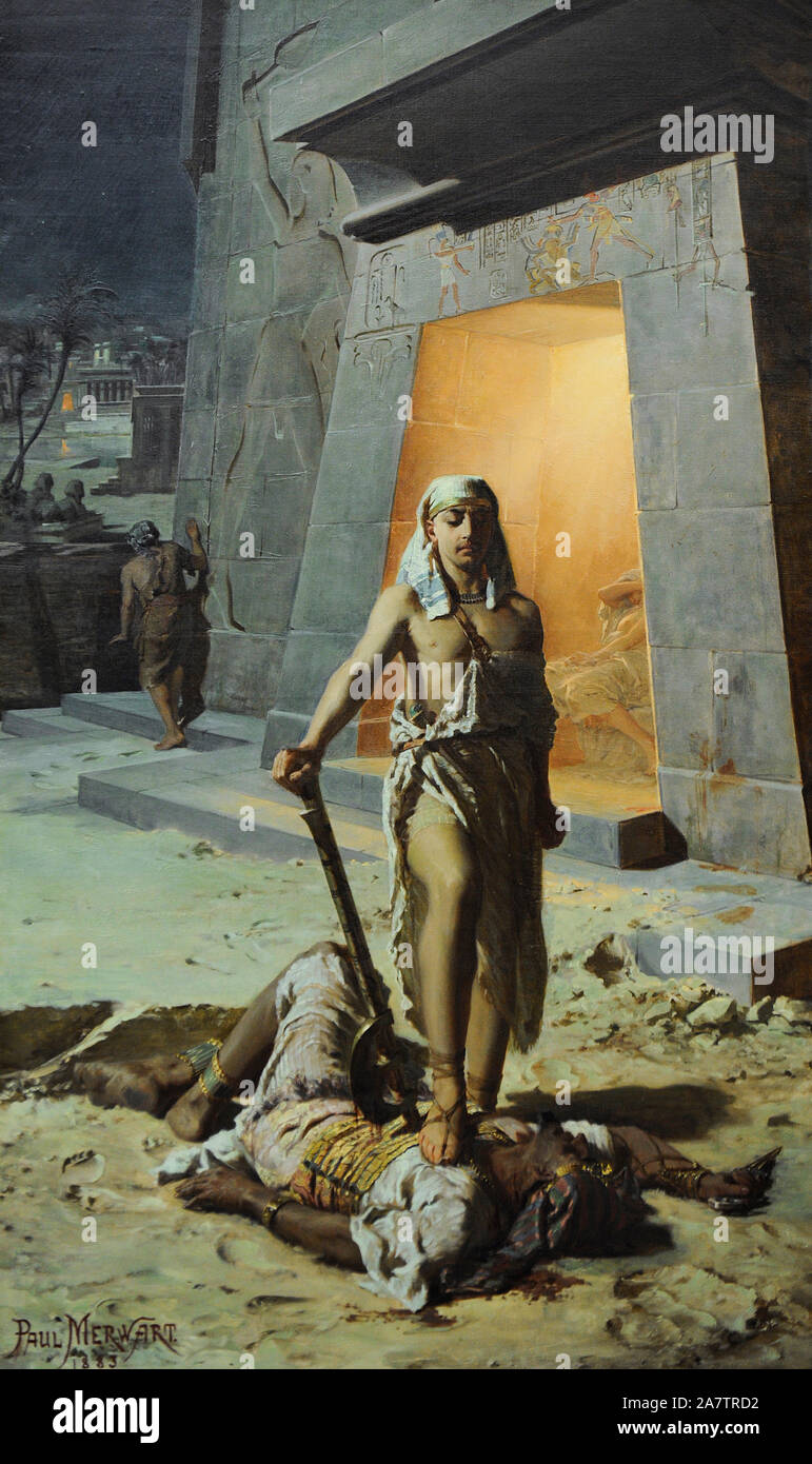 Mose tötete einen Ägypter, 1883, von Pawel Merwart (1855-1902). Jahrhundert in der polnischen Kunst Galerie (Sukiennice Museum). National Museum Krakau. Polen. Stockfoto