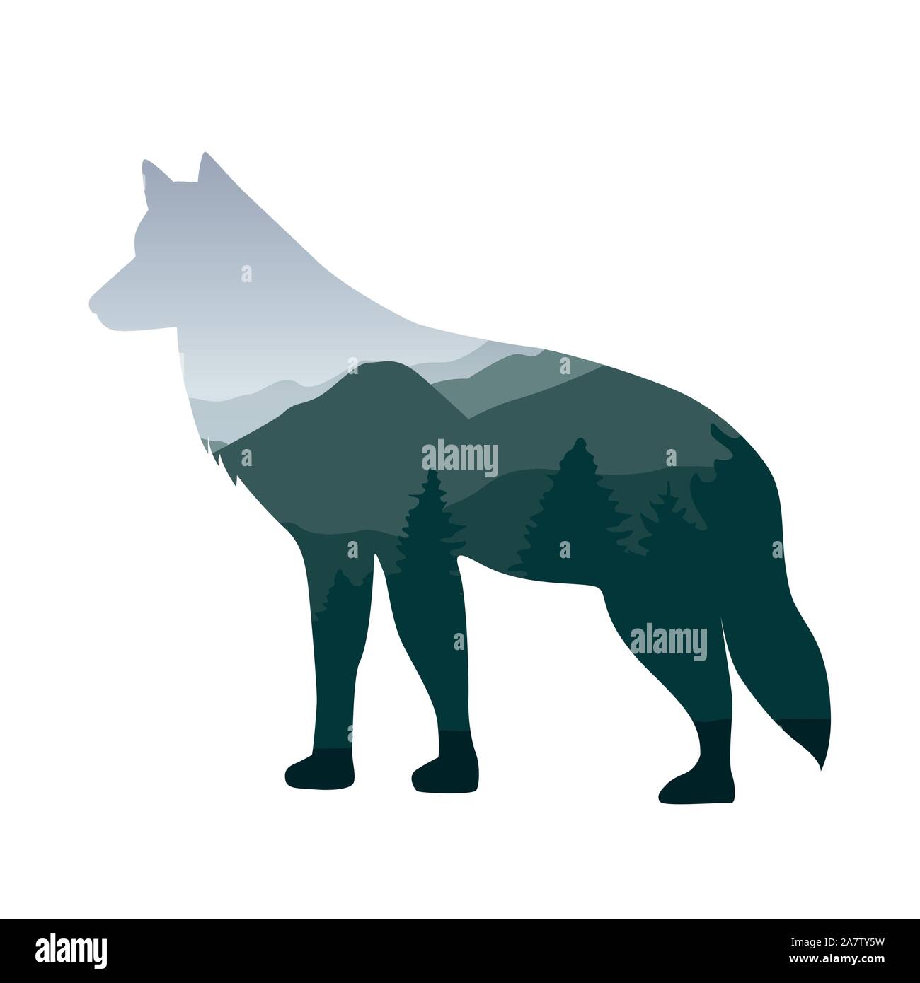 Tierwelt wolf Grüne wald landschaft silhouette Vektor-illustration EPS 10. Stock Vektor