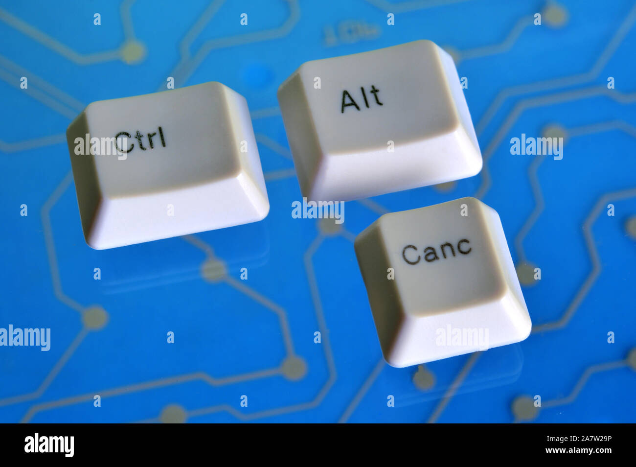 Die Tasten der Tastatur Form das Wort CTRL ALT ANNU auf Blau-Stromkreis im Hintergrund Stockfoto