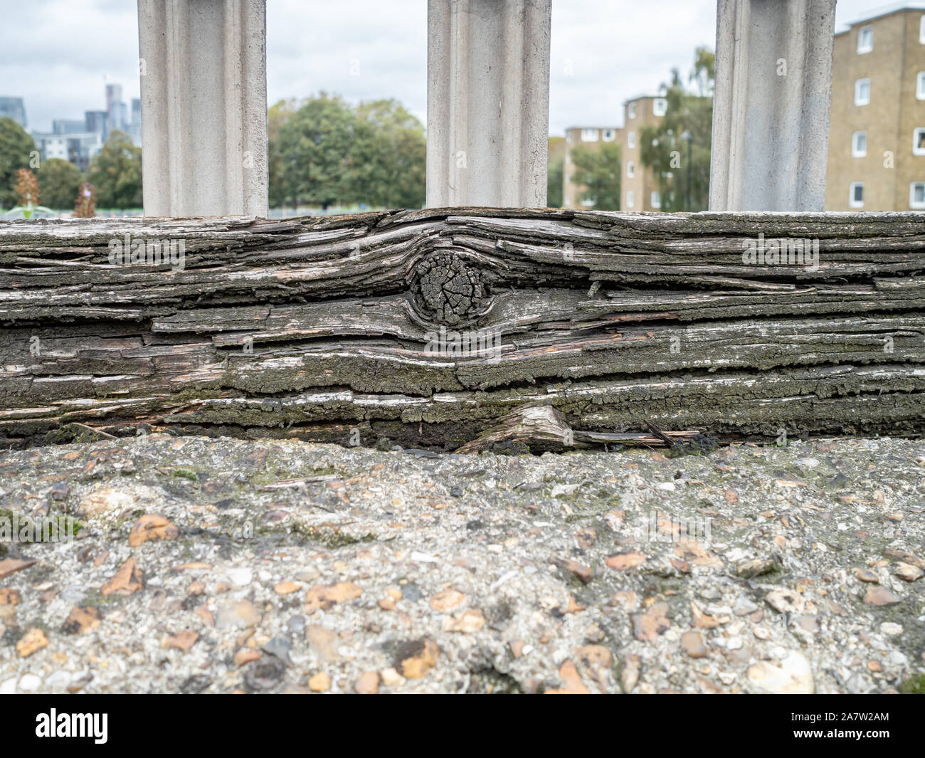 Verrottendes Holz-, Beton- und verzinktem Metall Zaun Stockfoto