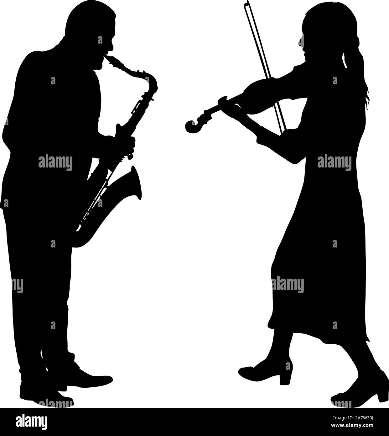 Silhouetten Musiker spielen auf der violinon snd Saxophon einen weißen Hintergrund. Stock Vektor