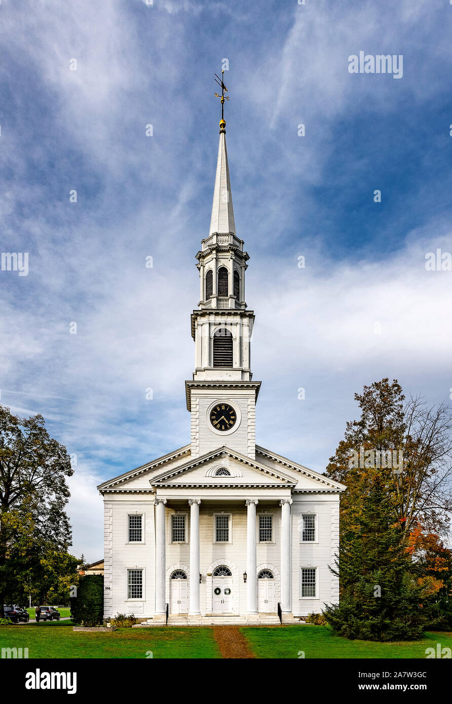 Weiße Kirche außen Detail, Williamstown, Massachusetts, USA. Stockfoto