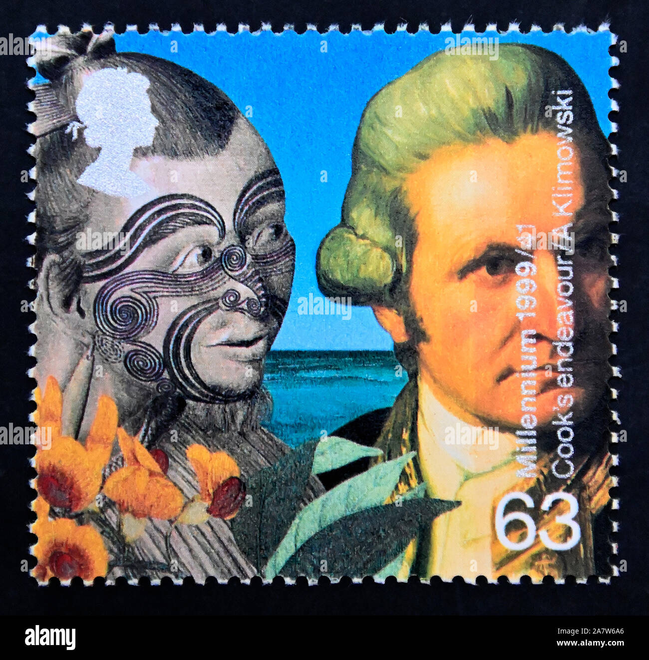 Briefmarke. Großbritannien. Königin Elizabeth II. Millennium Serie. Der Erfinder' Geschichte. Captain Cook und Maori Voyages (Kapitän James Cook). 63 s. Stockfoto