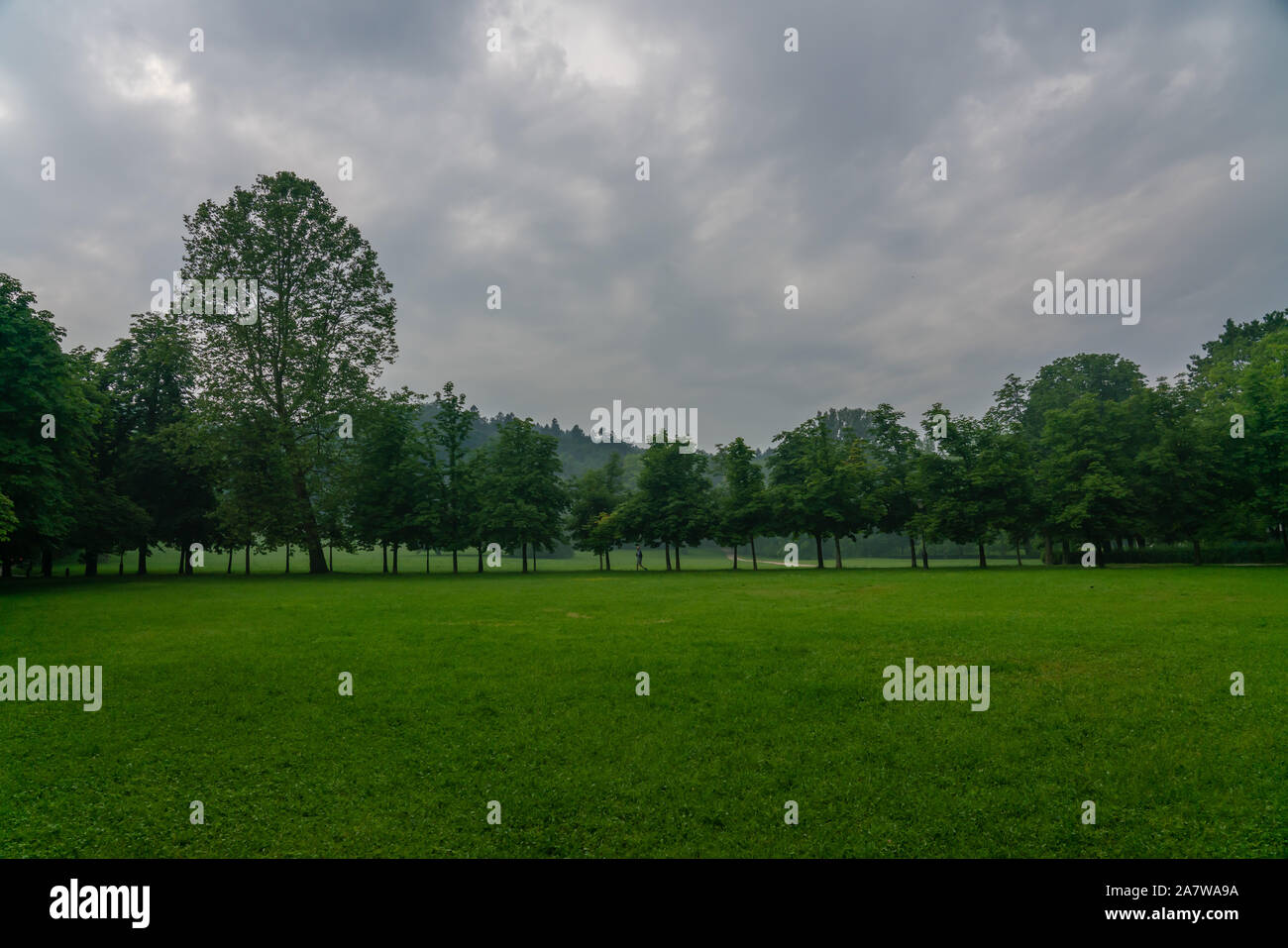 Tivoli Park View in Ljubljana, mit zentrierter Bäume und symmetrische Ästhetik Stockfoto