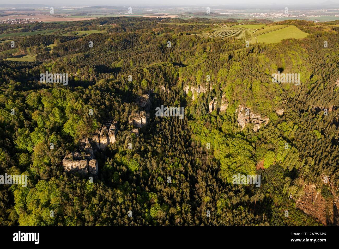 Ein Bereich mit Sandsteinfelsen namens Prihrazske skaly im Böhmischen Paradies auf der Luftaufnahme. Stockfoto