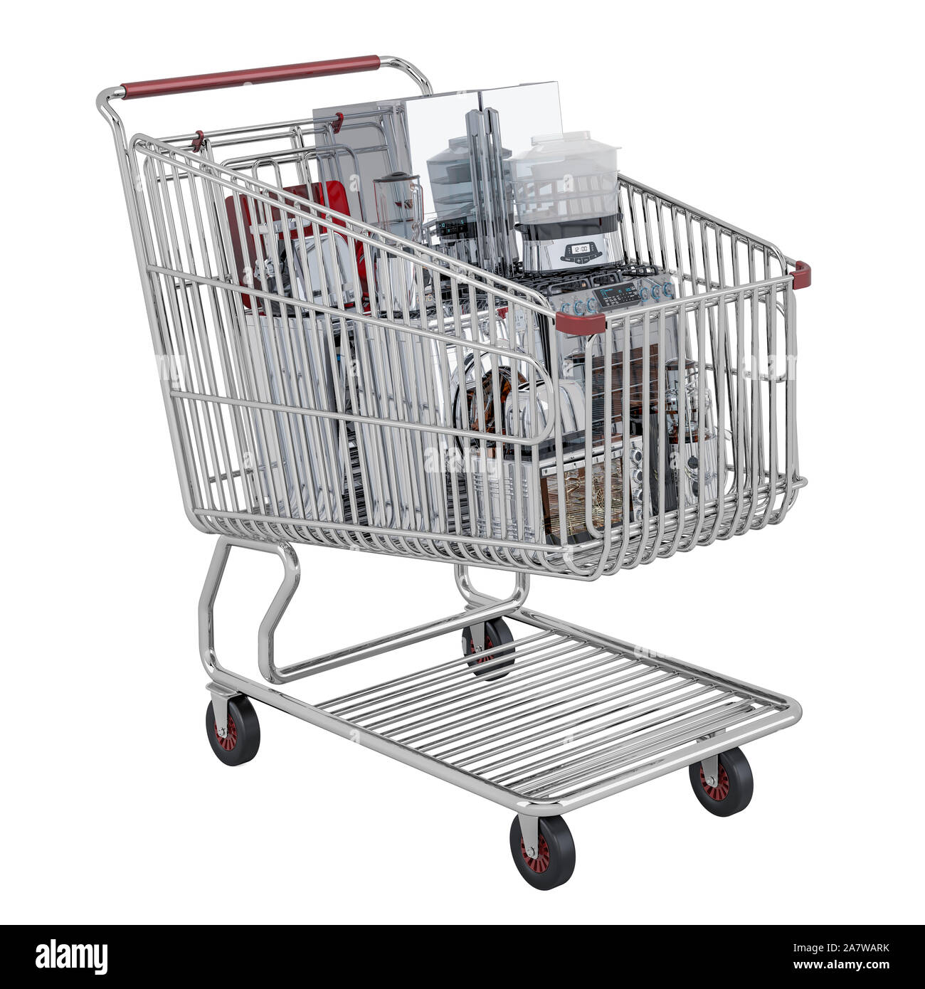 Shopping Cart mit Haushaltsgeräten, 3D-Rendering auf weißem Hintergrund Stockfoto