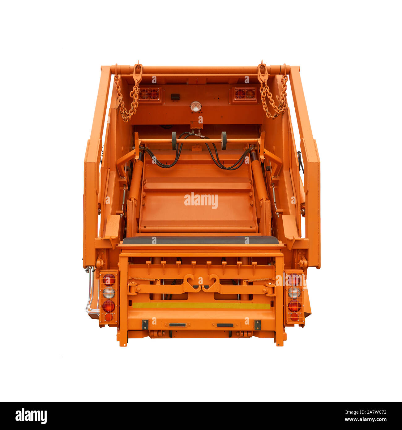 Orange Mechanismus der hinteren Loader des Müll Lkw isoliert auf weißem Stockfoto