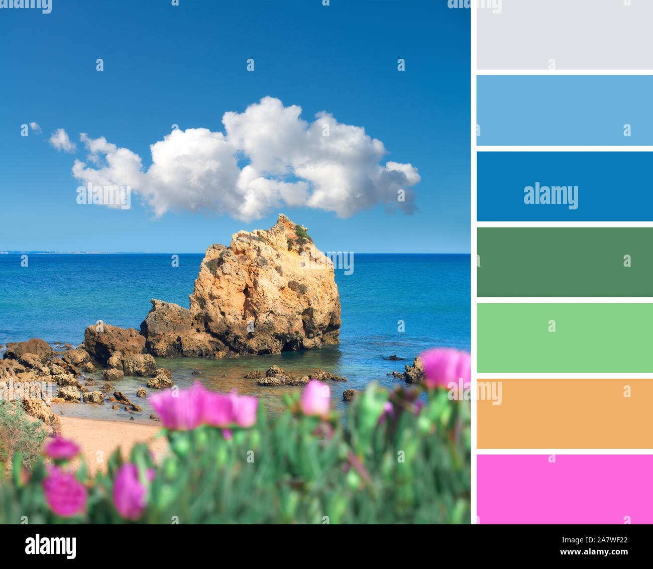 Farblich passende Palette von travel Hintergrundbild von Sandsteinfelsen in der Nähe von Albufeira, Portugal, mit Feder lila Blüten. Natürliche Farbgebung wit Stockfoto