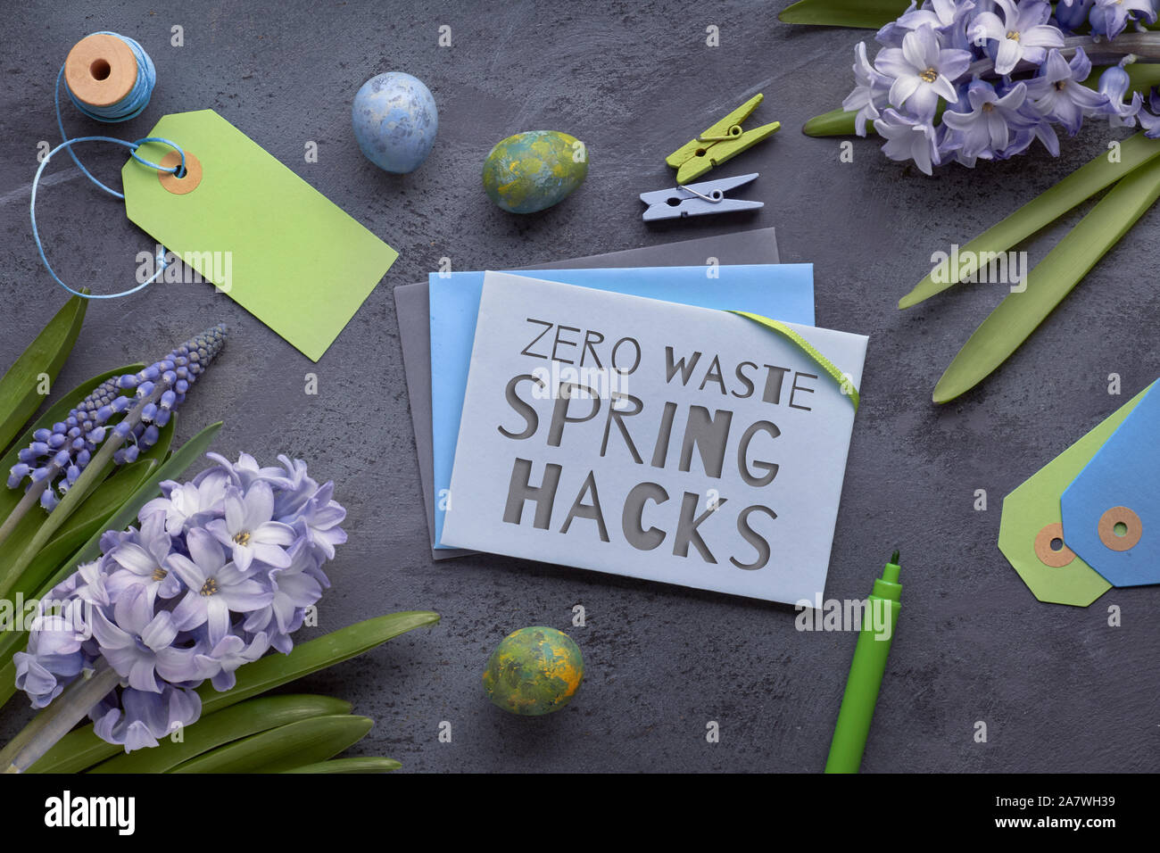 Text "Null Abfall Feder hacks" Schnitt auf Papier Karte". Umweltfreundliche Ostern. Blick von oben auf den Papierkarten mit copy-Platz, blaue Hyazinthen Blumen und Ostereier. Stockfoto