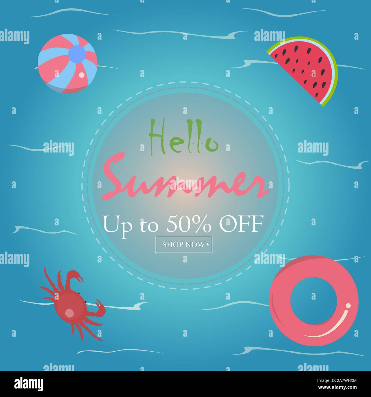Summer Sale Karte mit Krabben, Gummiring, Wassermelone und Pool Ball. Farbenfrohes Design Stock Vektor