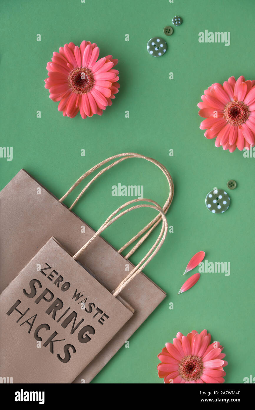 Coral Gerbera daisy flowers und Handwerk Papier Einkaufstüten auf grünem Papier Hintergrund, Null Abfall umweltfreundlich lebendiges Konzept. Text "Null Abfall Feder h Stockfoto