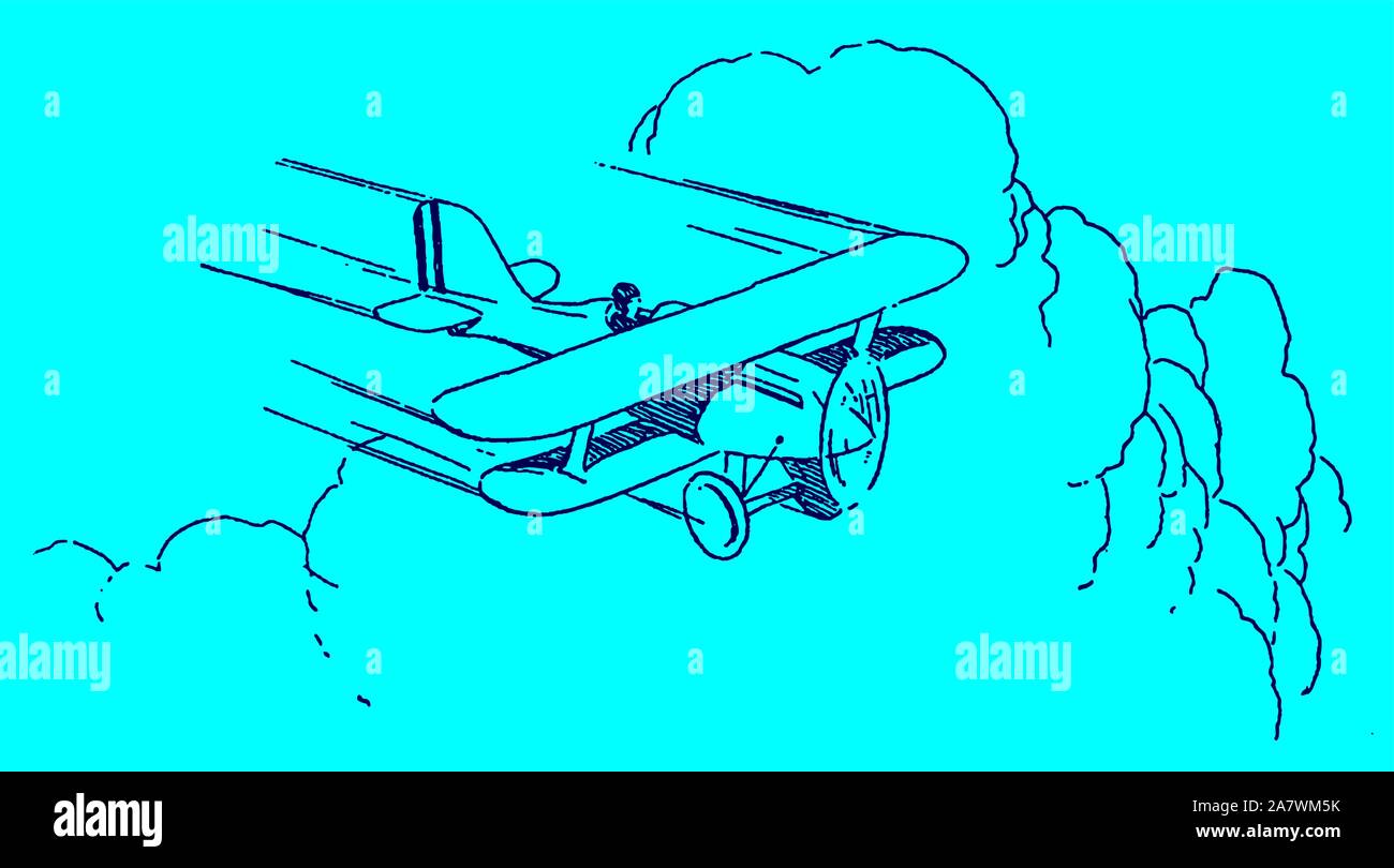 Historische einsitzige Flugzeug fliegen vor großen cumuluswolken in einem blauen Himmel. Editierbare Layer Stock Vektor