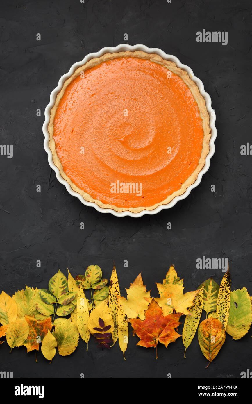Helles Orange Pumpkin Pie und trockene Blätter wie Sonnenuntergang über Herbst Wald auf schwarzem Hintergrund. Gesunde natürliche Süßigkeiten Konzept, Ansicht von oben Stockfoto