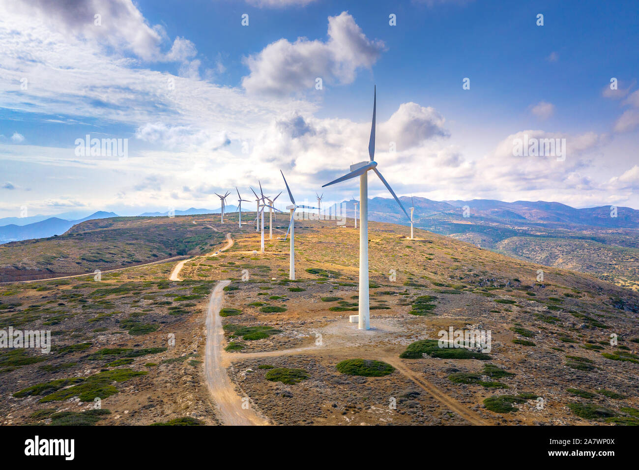 Windkraftanlagen im Windpark, Kreta, Griechenland Stockfoto