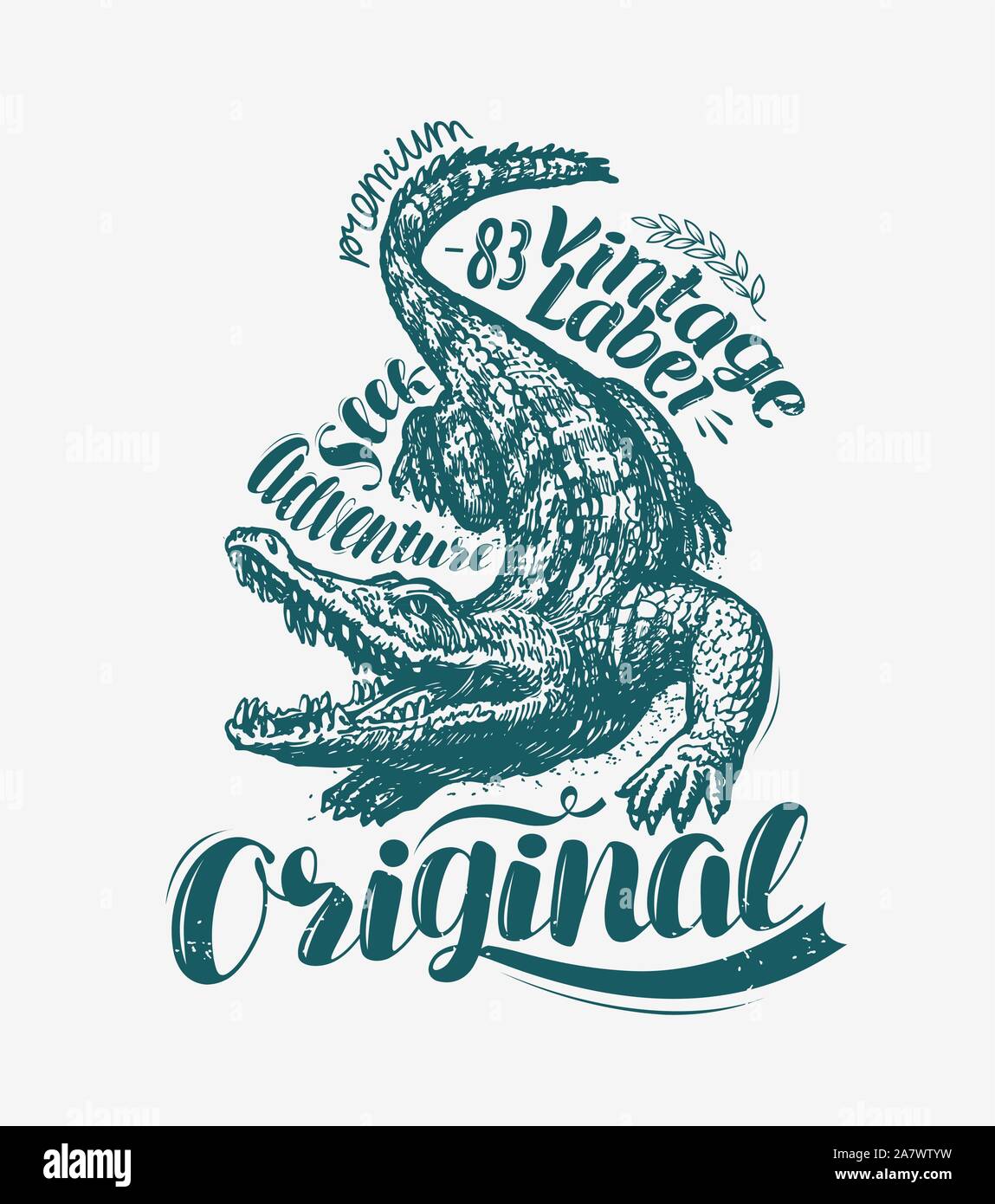Krokodil-T-Shirt-Design. Alligator gezeichnet vintage Vektor Illustration Stock Vektor