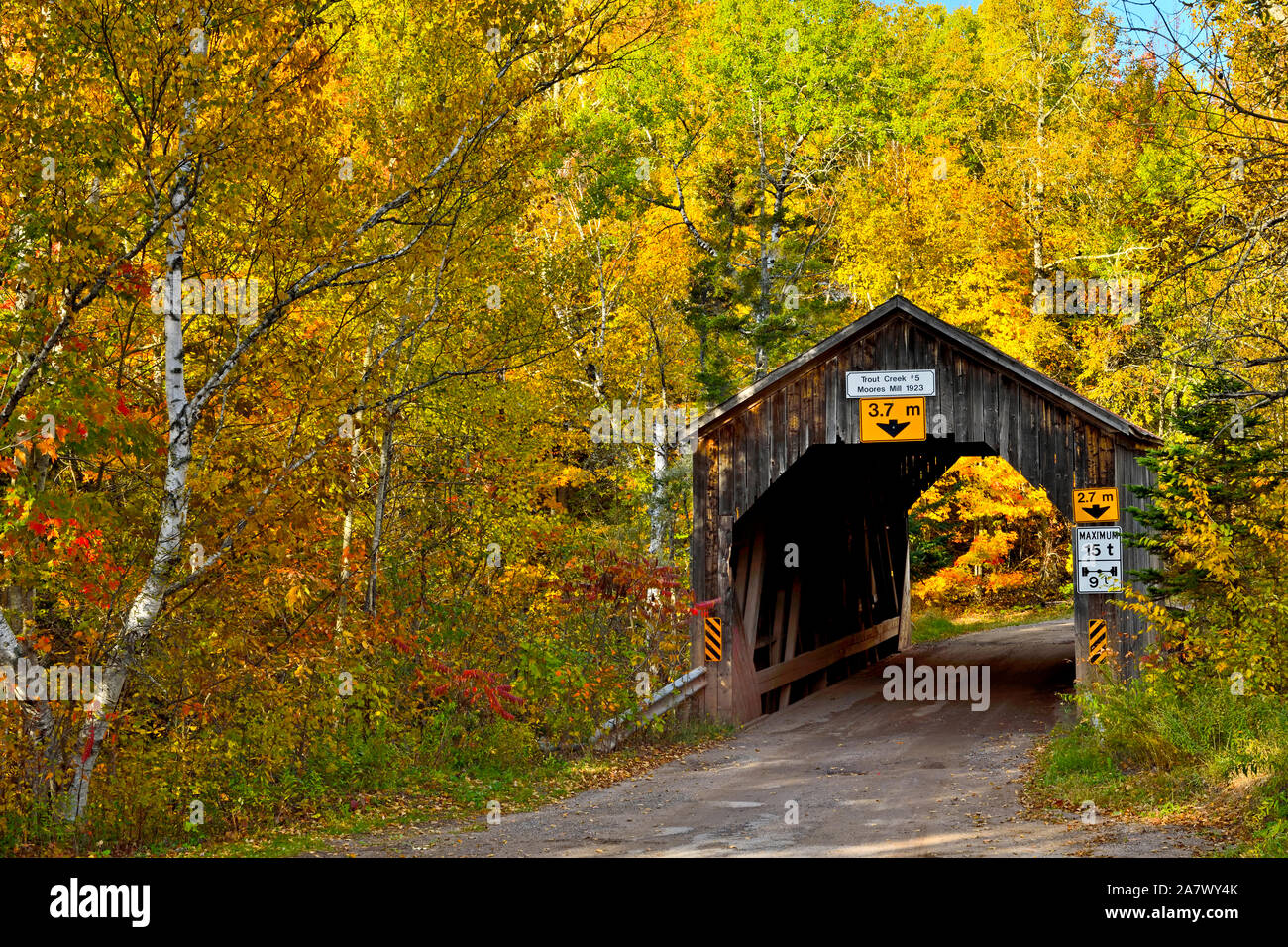 Ein Herbst Landschaft Bild von einem ikonischen Covered Bridge crossing Trout Creek auf einer Schotterstraße in der Nähe des ländlichen Sussex New Brunswick Kanada. Stockfoto