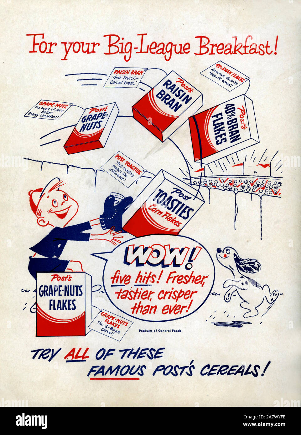1940s Era drucken Werbung für Post Frühstückscerealien. Stockfoto