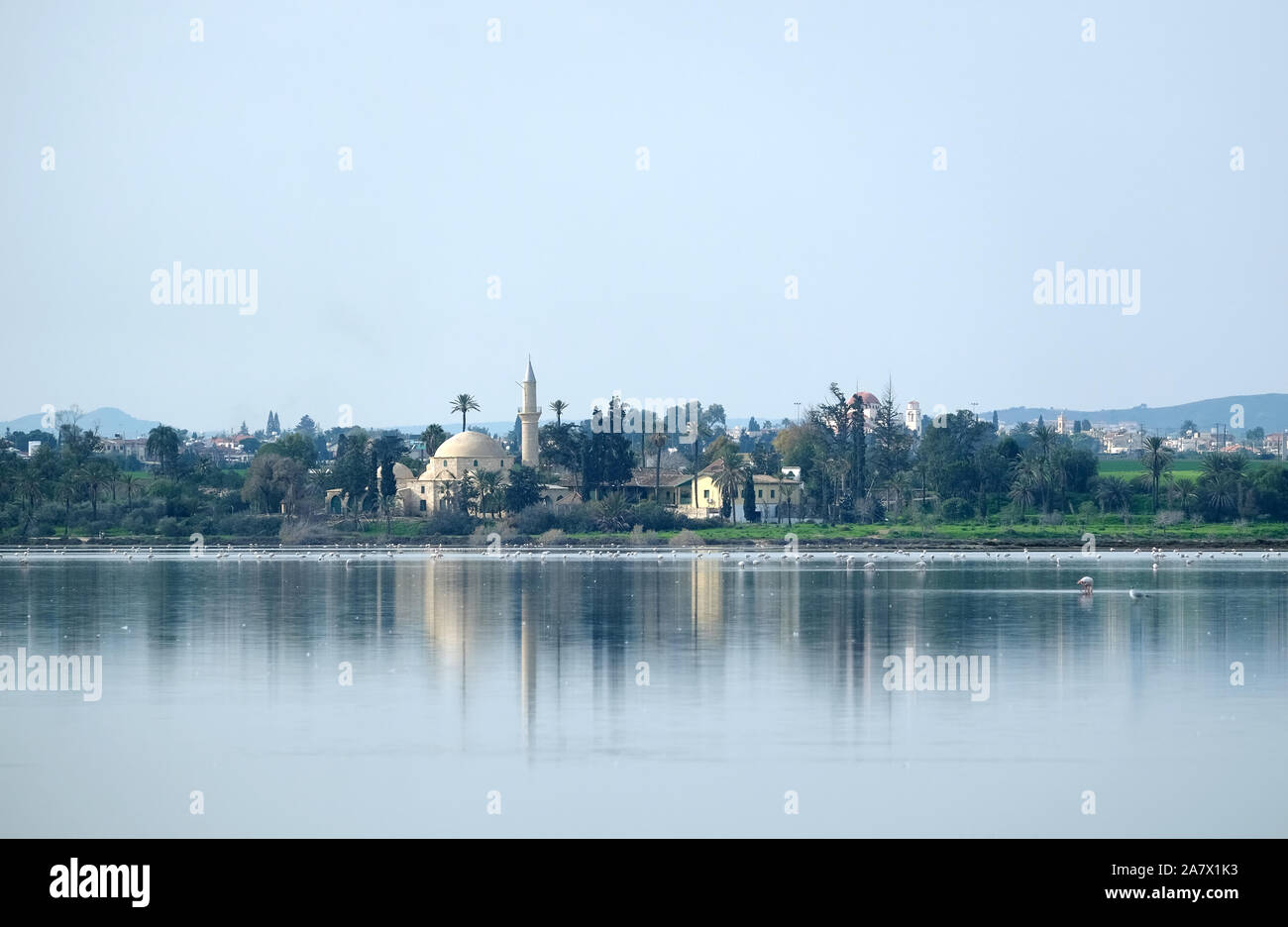 Landschaft Hala Sultan Tekke Moschee an der Küste von Salt Lake ruhiges Wasser in Larnaca Zypern Stockfoto