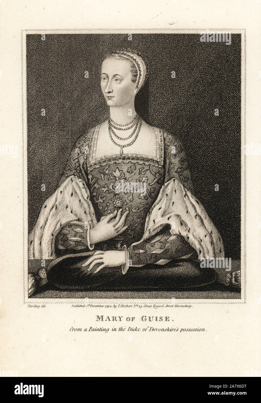 Maria von Guise, Königin von James V von Schottland, von einem Porträt in den Besitz des Herzogs von Devonshire. Kupferstich von Harding von John pinkertons Iconographia Scotica, oder Porträts von berühmten Personen von Schottland, London, 1797. Stockfoto