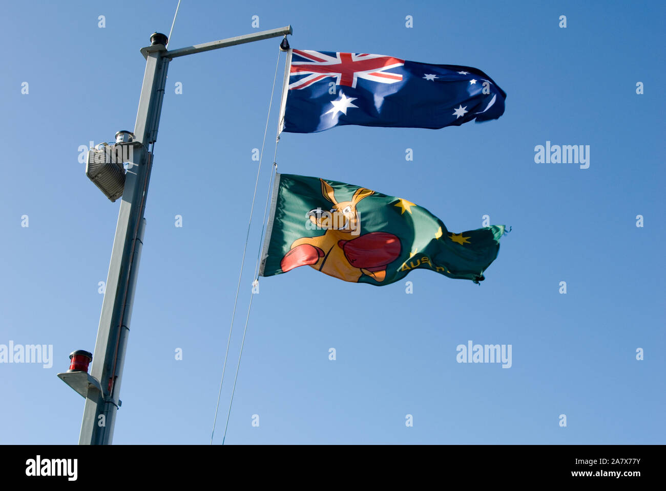 Die australische Nationalflagge und die Boxing-Kangaroo-Flagge wehen im Wind vor einem blauen Himmel, Adelaide, South Australia. Stockfoto