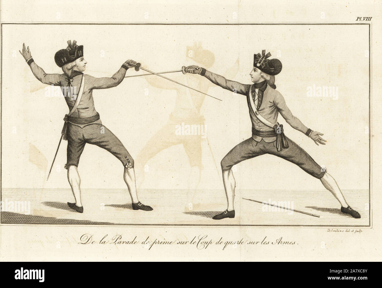Herren Fechter Longieren (coup de Quarte sur les armes) und Parieren (Parade de Prime), 18. Kupferstich erstellt und von D. Jenkins graviert von Herrn J. Olivier Fechten vertraut gemacht, oder eine neue Abhandlung über die Kunst des Schwert Spielen, John Bell, London, 1771. Stockfoto