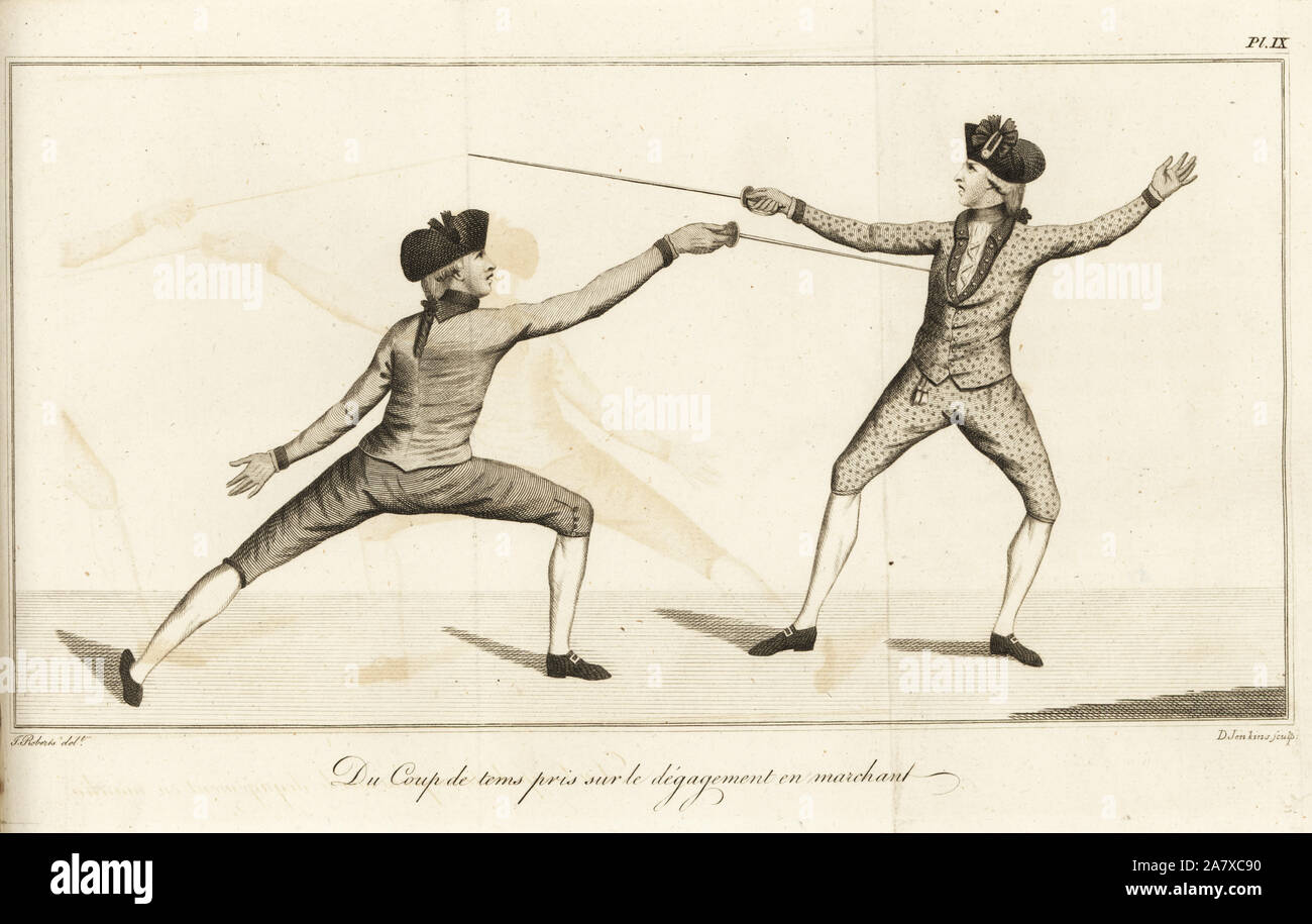 Herr Fechter Longieren und auffällig sein Gegner (coup de tems pris sur le degagement en Marchant), 18. Kupferstich von D Jenkins nach einer Abbildung aus dem Leben von J. Roberts von Herrn J. Olivier Fechten vertraut gemacht, oder eine neue Abhandlung über die Kunst des Schwert Spielen, John Bell, London, 1771. Stockfoto