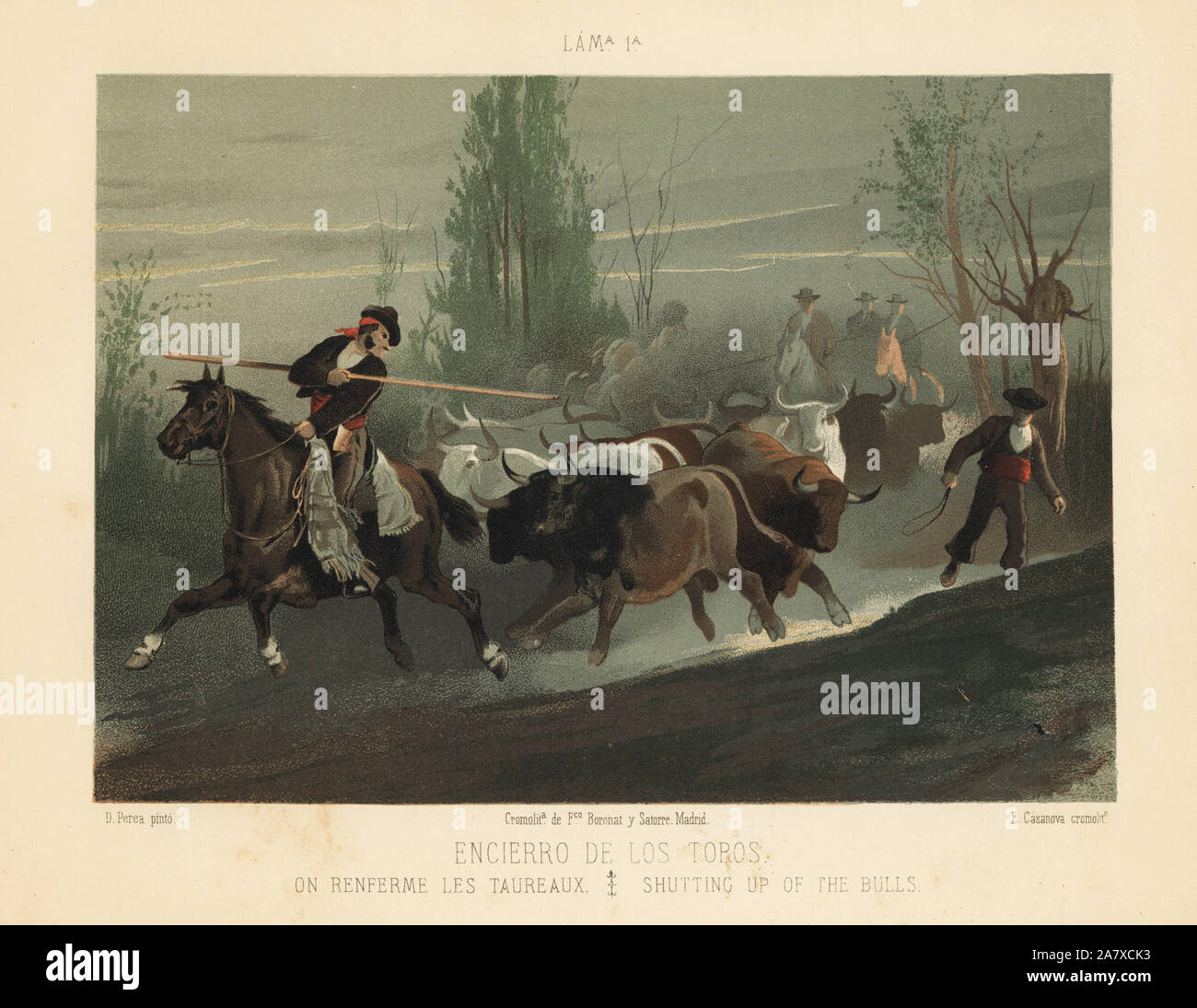 Spanischen Cowboys auf dem Rücken der Pferde mit Lanzen Herunterfahren bis die Bullen vor einem Stierkampf. Chromolithograph von E.Casanova nach einer Abbildung von Daniel Perea von Stierkampf, Corrida de Toros, Madrid, Boronat & Satorre, 1894. Stockfoto