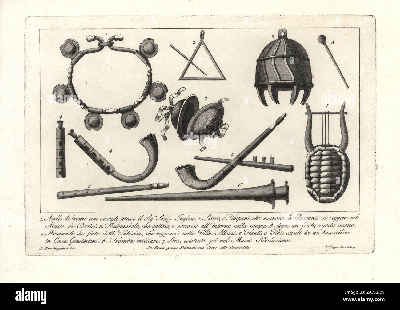 Bronze Ring mit Glocken 1, Sistrum (Dreieck) und Pauken (Becken) von Bacchantes vom Museum von Portici 2 verwendet, Bell (tintinnabulum) 3 und ein, Leitungen von der Villa Albani 4, Flöten Stick oder Schienbein aus einem basrelief in Casa Guistiniani 5, militärische Horn 6, und Lyra in die Kircherian Museum 7. Kupferstich von Pietro Ruga nach einer Abbildung von Lorenzo Rocceggiani aus seiner eigenen 100 Platten von Kostümen religiösen, zivilen und militärischen der Alten Ägypter, Etrusker, Griechen und Römer, Franzetti, Rom, 1802. Stockfoto