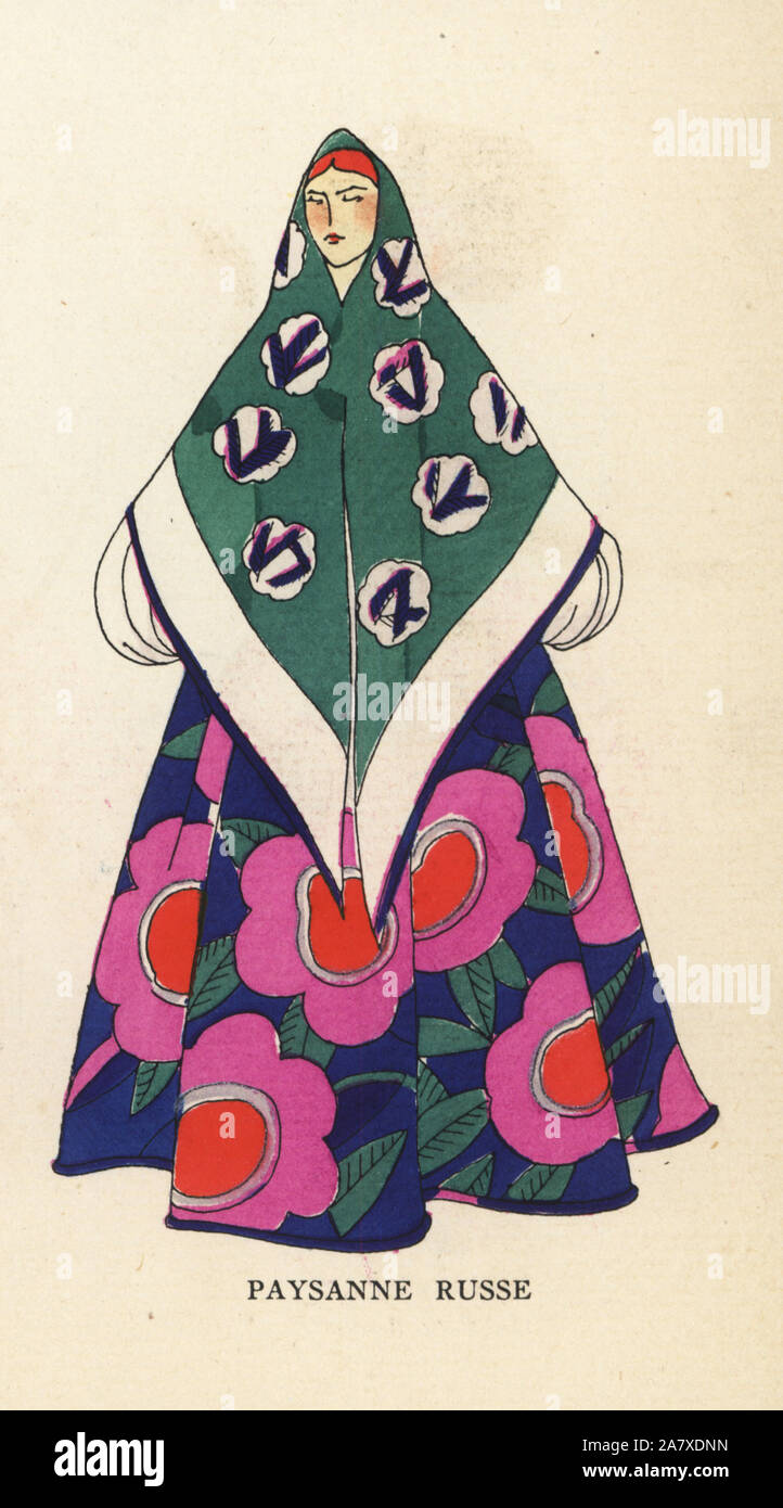 Frau in Fancy Dress als russischer Bauern. Papierkörbe pochoir (Schablone) Lithographie von der Französischen luxus Mode Magazin Kunst, Gicht, Beauté, 1925. Stockfoto