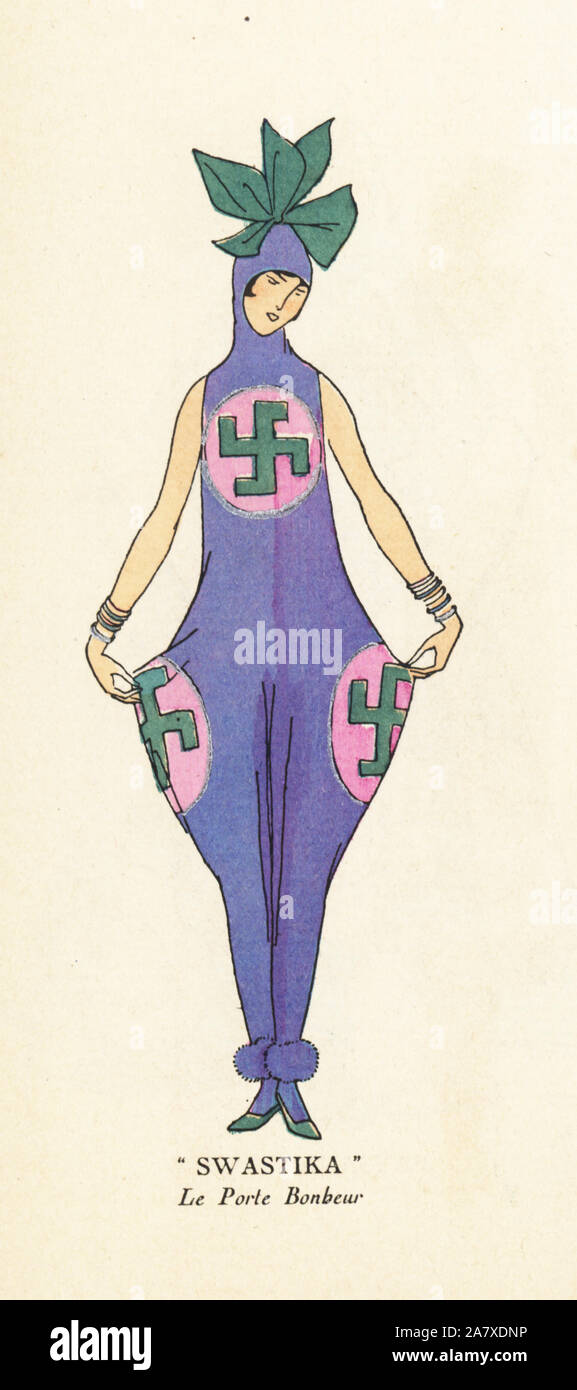 Frau in Kostüm Kostüm mit Glück Symbole, Hakenkreuze. Papierkörbe pochoir (Schablone) Lithographie von der Französischen luxus Mode Magazin Kunst, Gicht, Beauté, 1925. Stockfoto