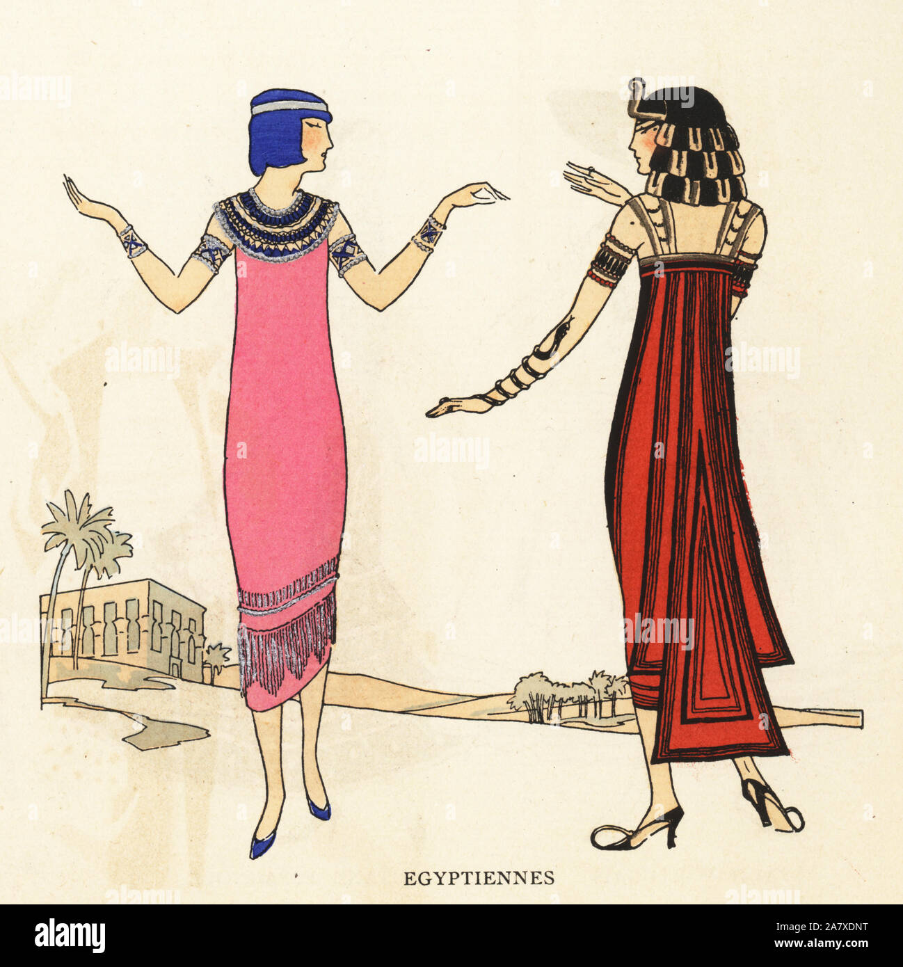 Frauen in Kostüme als alten ägyptischen Tänzerinnen. Papierkörbe pochoir (Schablone) Lithographie von der Französischen luxus Mode Magazin Kunst, Gicht, Beauté, 1925. Stockfoto
