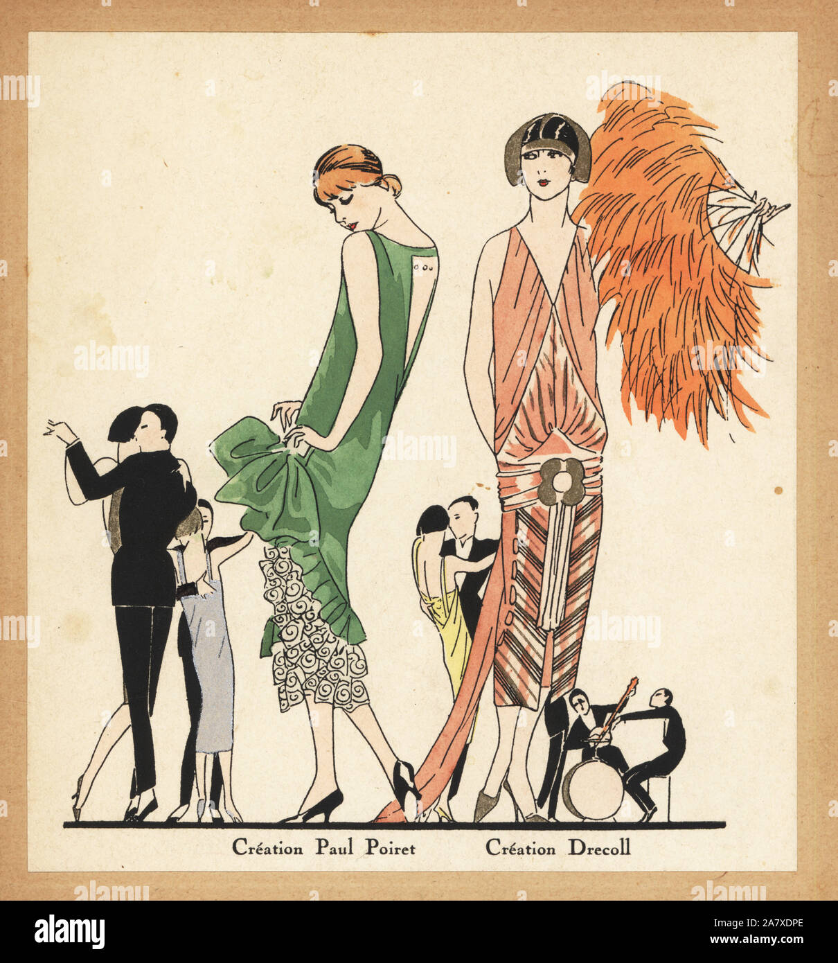 Frauen in Abend Kleider mit Rüschen und Zügen, in einer Jazz Dance, Paris 1925. Papierkörbe pochoir (Schablone) Lithographie von der Französischen luxus Mode Magazin Kunst, Gicht, Beauté, 1927. Stockfoto