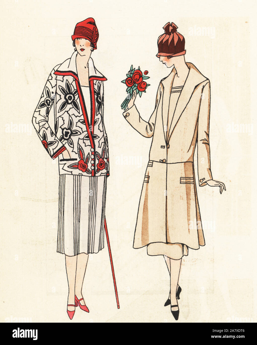 Frauen in Kleidung und dreiteiligen Anzug. Papierkörbe pochoir (Schablone) Lithographie von der Französischen luxus Mode Magazin Kunst, Gicht, Beauté, 1925. Stockfoto
