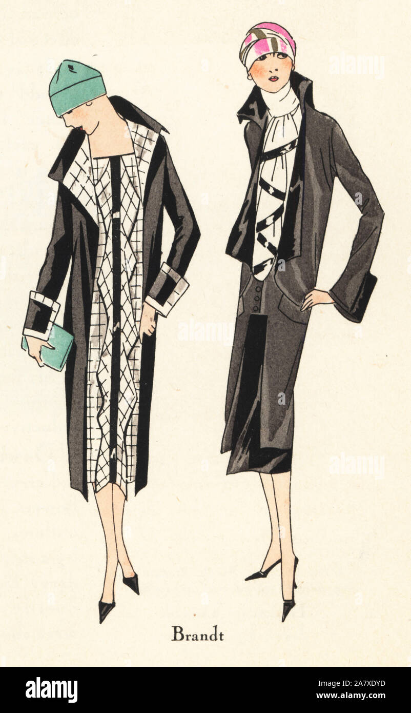 Die Frauen in Schwarz und weiße Kleider und Mäntel, Hüte tragen Cloche. Papierkörbe pochoir (Schablone) Lithographie von der Französischen luxus Mode Magazin Kunst, Gicht, Beauté, 1925. Stockfoto