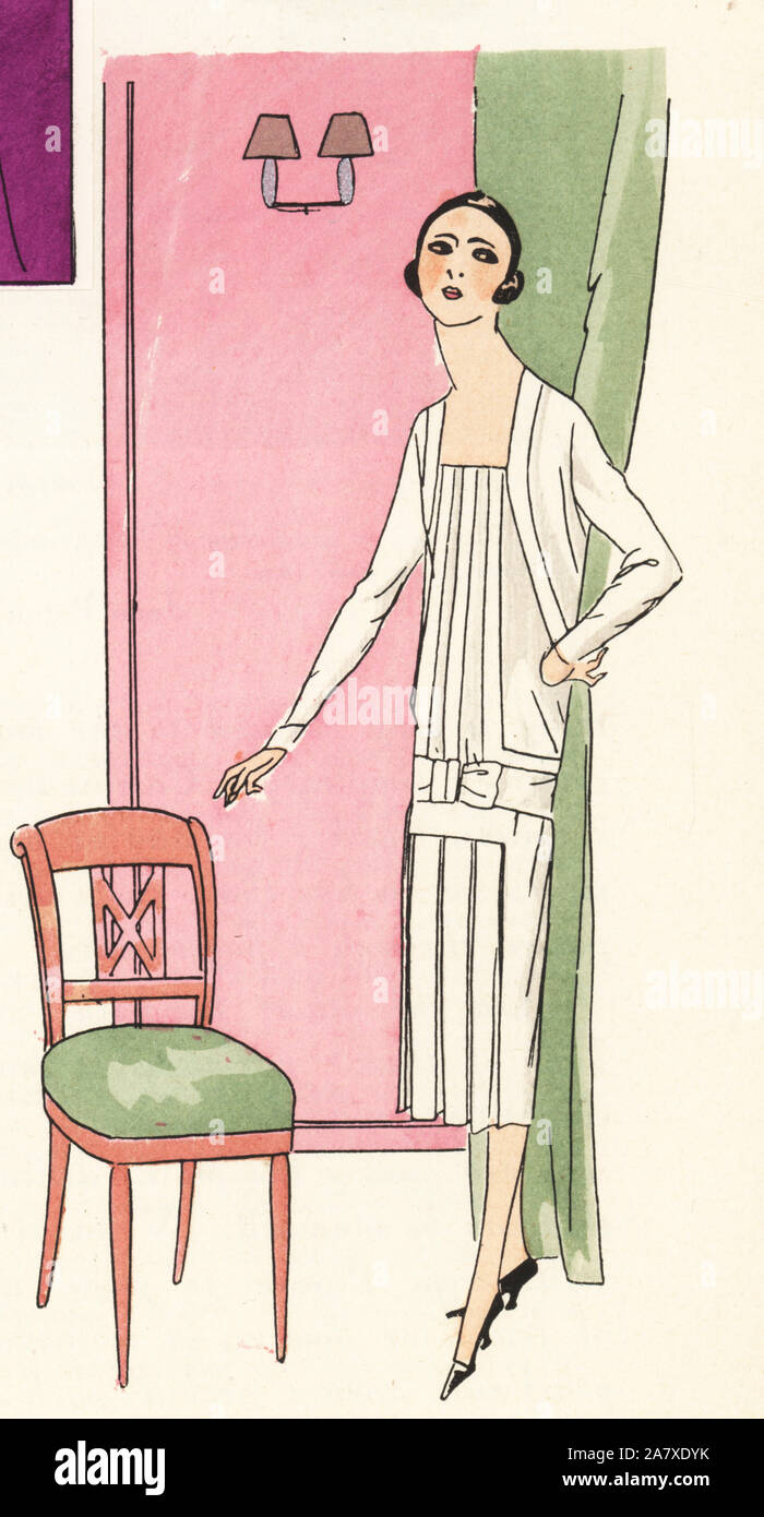 Frau in weißem Kleid am Nachmittag. Papierkörbe pochoir (Schablone) Lithographie von der Französischen luxus Mode Magazin Kunst, Gicht, Beauté, 1925. Stockfoto