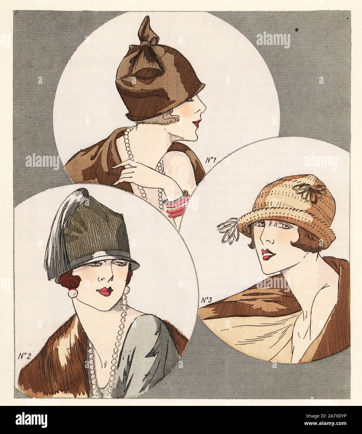 Frauen in modischen Hüte von 1925. Hut in Schwarz Satin mit straussenfedern 1, hat in Gold mit Schwarz 2 getrimmt, und Hut in Hirschleder mit Leder bezogen. Papierkörbe pochoir (Schablone) Lithographie von der Französischen luxus Mode Magazin Kunst, Gicht, Beauté, 1925. Stockfoto