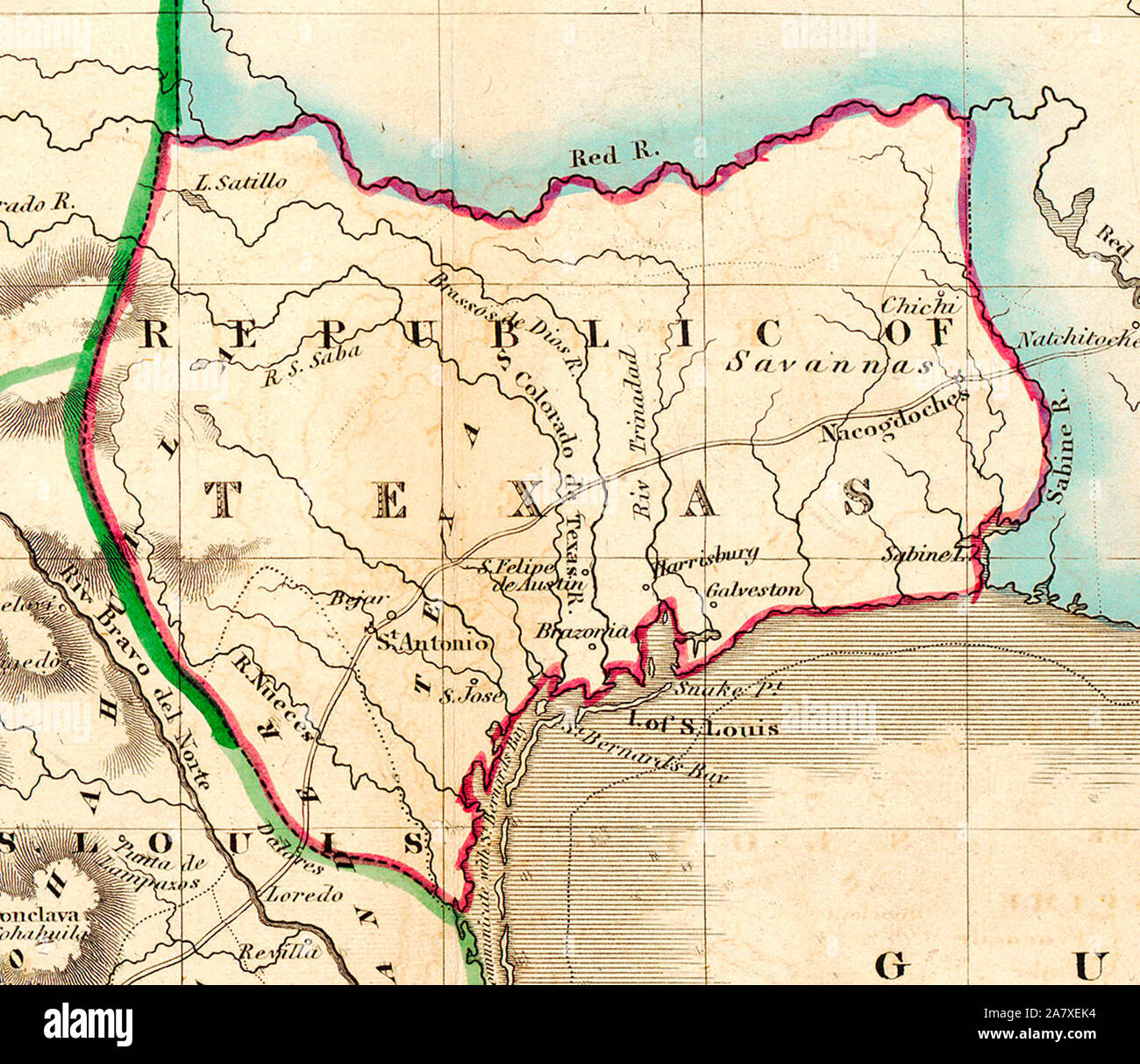Karte von Texas im Jahre 1836 - Kurz nach Texas, seine Unabhängigkeit von Mexiko im Jahr 1836 erklärt, das Edinburgh Maler, Kupferstecher, Drucker, Kartograph, Lithograph und Verleger William Home Lizars (1788-1859), Bruder von Daniel Lizars II (1793-1875) die ursprüngliche Platte für die Karte von Mexiko & Guatemala aktualisiert, um die neue Republik zu gehören. Er fügte hinzu, die Städte von Galveston, Harrisburg, Brazoria, S. Felipe de Austin (obwohl vor kurzem zerstört), Bejar, und. Jose' (wahrscheinlich beabsichtigten Goliad vertreten). Lizars machte keine weiteren Verbesserungen der allgemeinen kartografischer Form der Republik mit Ausnahme von Stockfoto