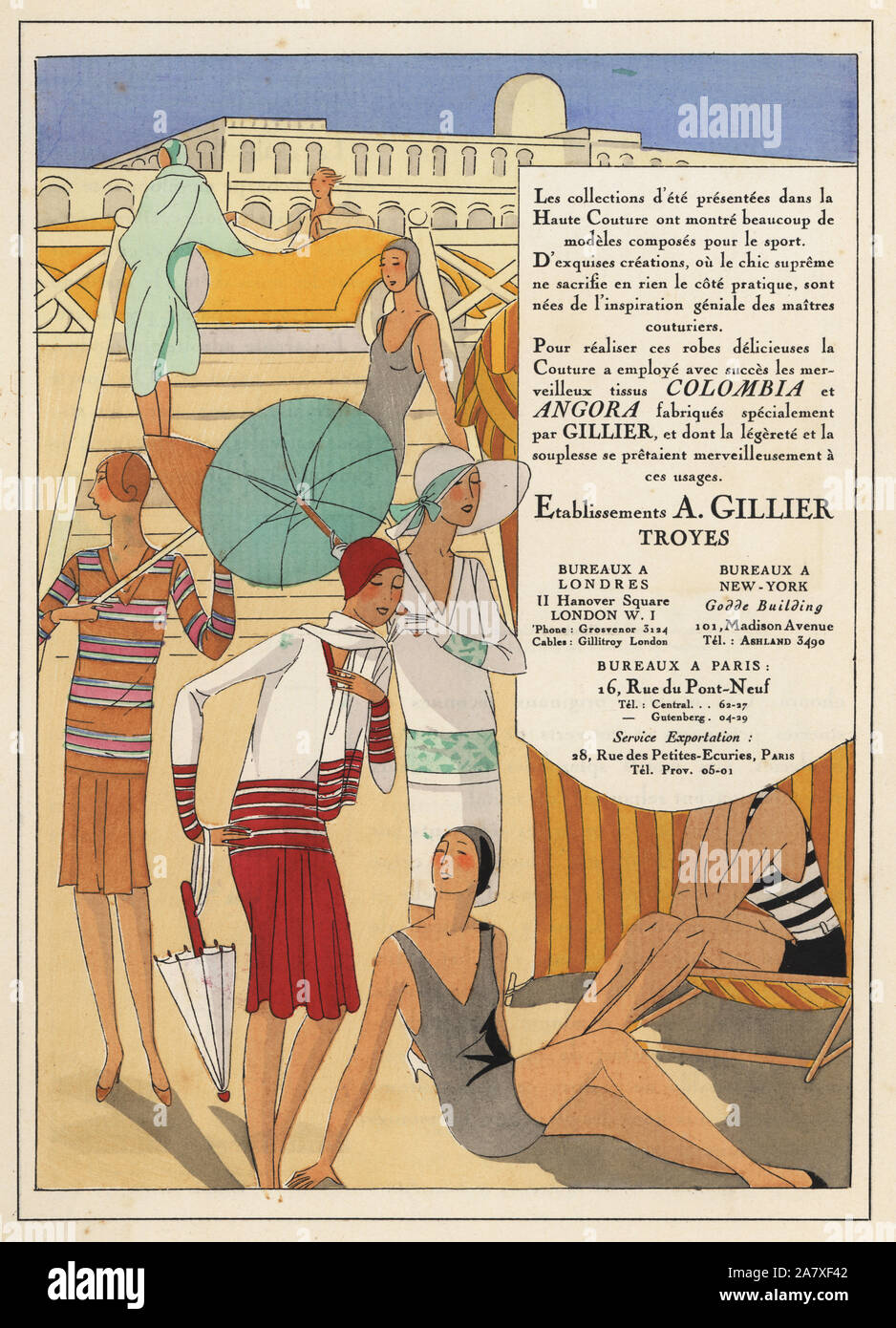 Frauen im Sommer Kleider und Kostüme auf den Strand an der französischen Riviera. Werbung für Haute Couture Fashion Haus A. Gillier. Papierkörbe pochoir (Schablone) Lithographie von der Französischen luxus Mode Magazin Kunst, Gicht, Beauté, 1928. Stockfoto