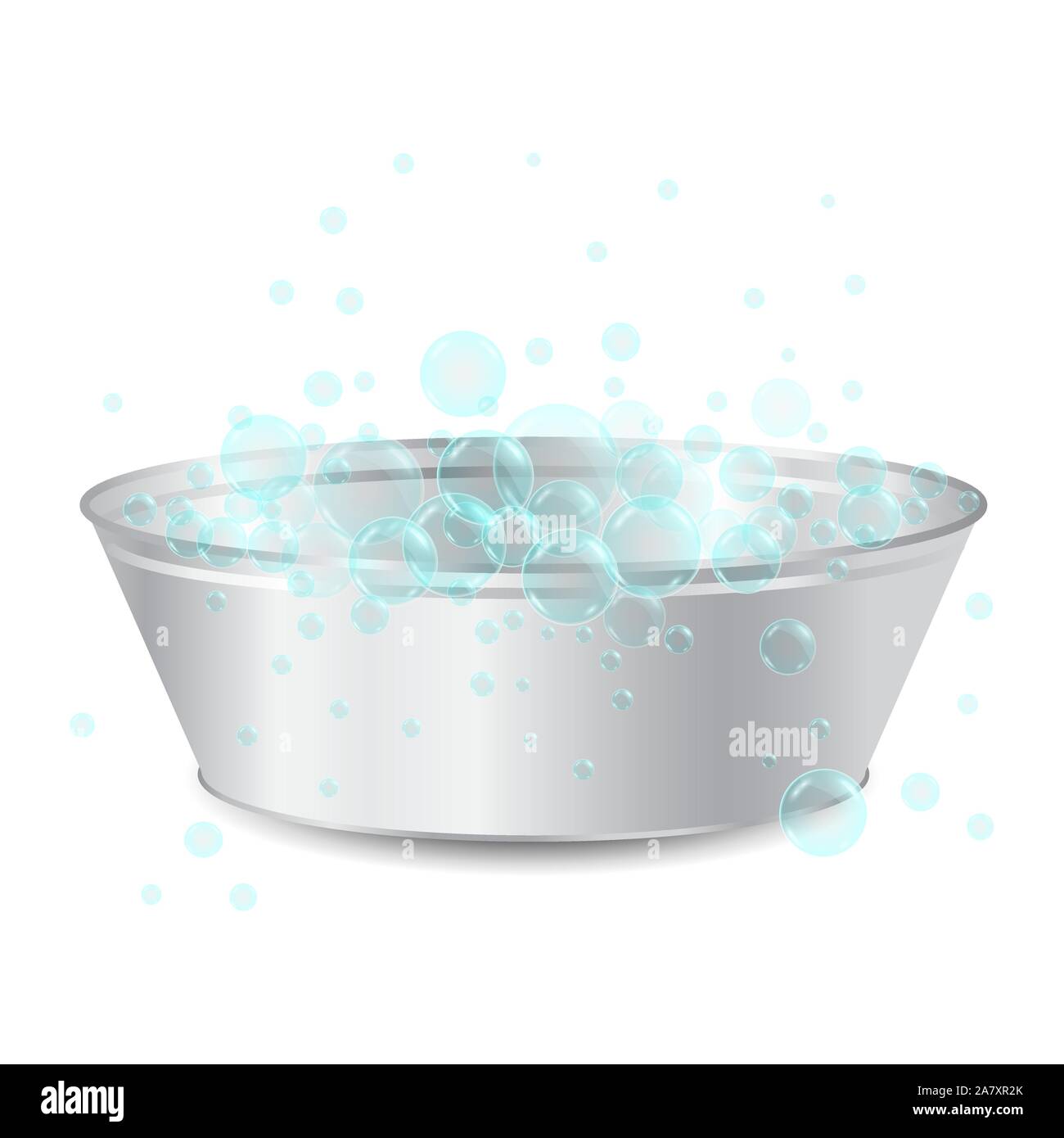 Vektor realistische Metall Schüssel oder Waschbecken zum Waschen mit Seife Luftblasen auf weißem Hintergrund. Wäscheservice Konzept. 3D-Darstellung. Stock Vektor