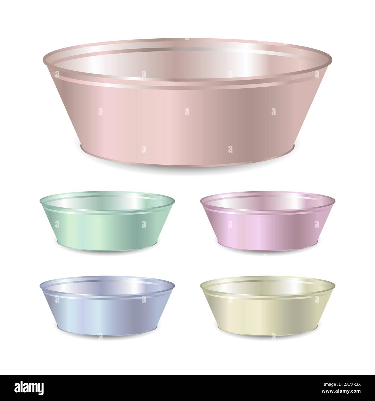Satz von Vector Farbe realistische Metall leere Schüssel oder Waschbecken zum Waschen auf weißem Hintergrund. 3D-Darstellung. Stock Vektor