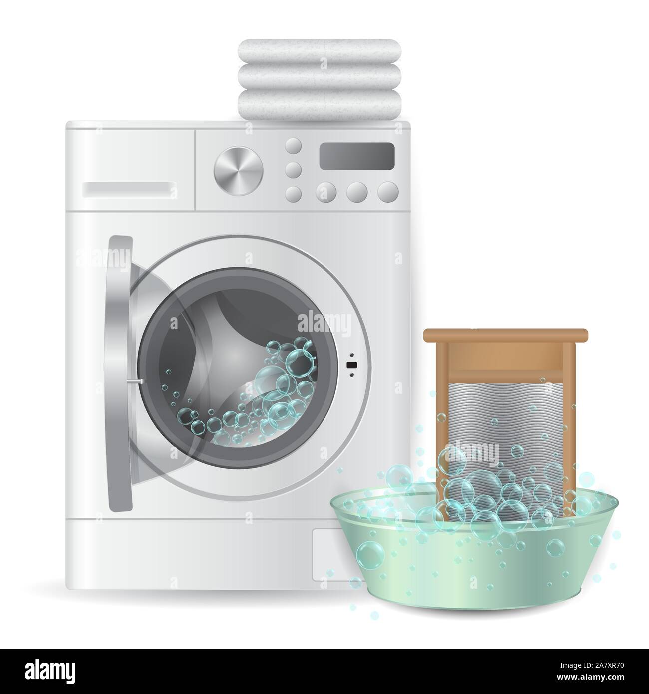 Vektor realistische automatische Waschmaschine mit Haufen weiße Frottee  Handtücher und gerippten hand Waschbrett in Metall Becken auf weißem  Hintergrund Stock-Vektorgrafik - Alamy