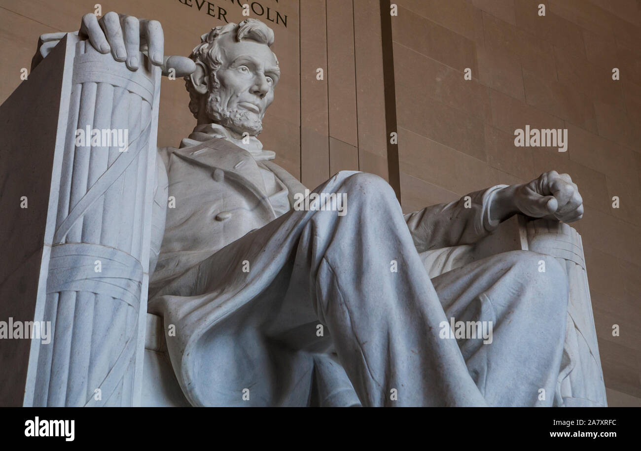 Eine Nahaufnahme des Abraham Lincoln Skulptur in das Lincoln Memorial, Washington DC, USA. Stockfoto