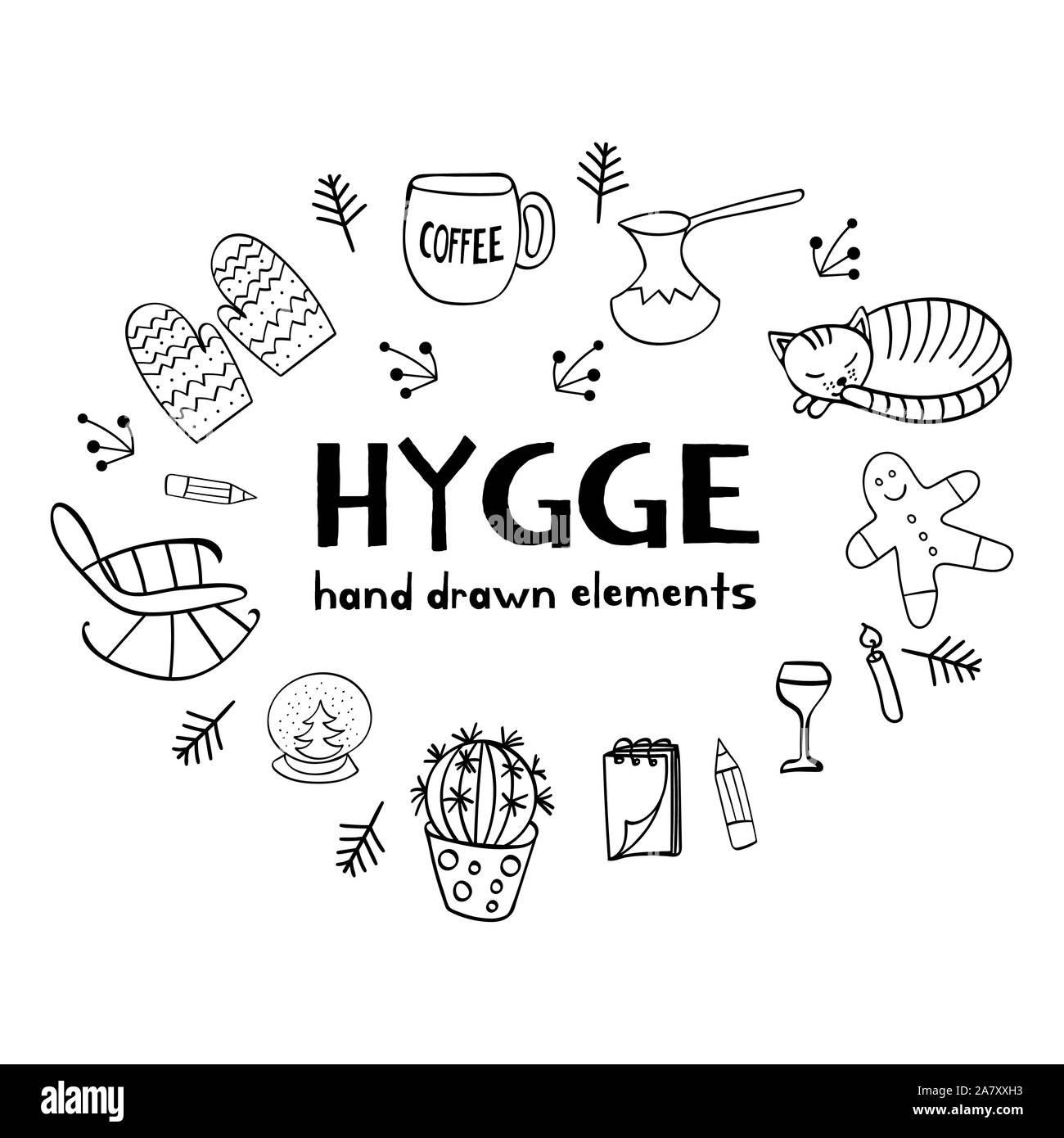 Hygge Hand gezeichneten Elemente. Umrisse schwarze und weiße Objekte für gemütlichen Design. Vektor illustartion. Stock Vektor