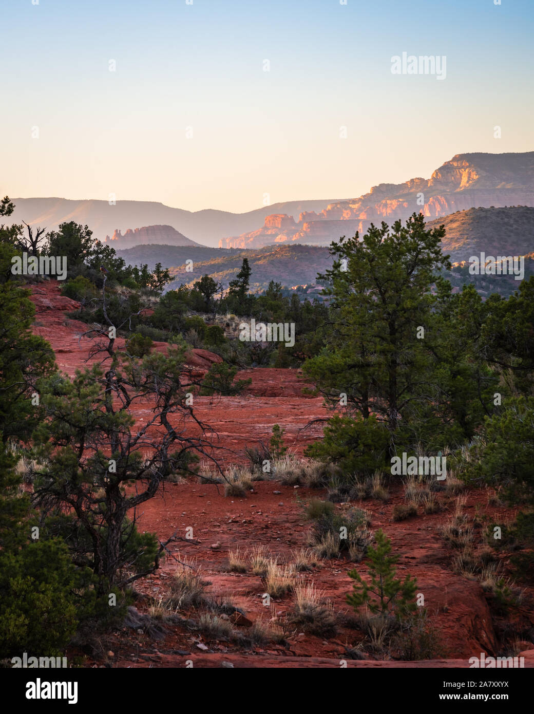 Vertikale Landschaft einen herrlichen Blick auf den Sonnenuntergang von Sedona von Bell Rock Trail. Stockfoto