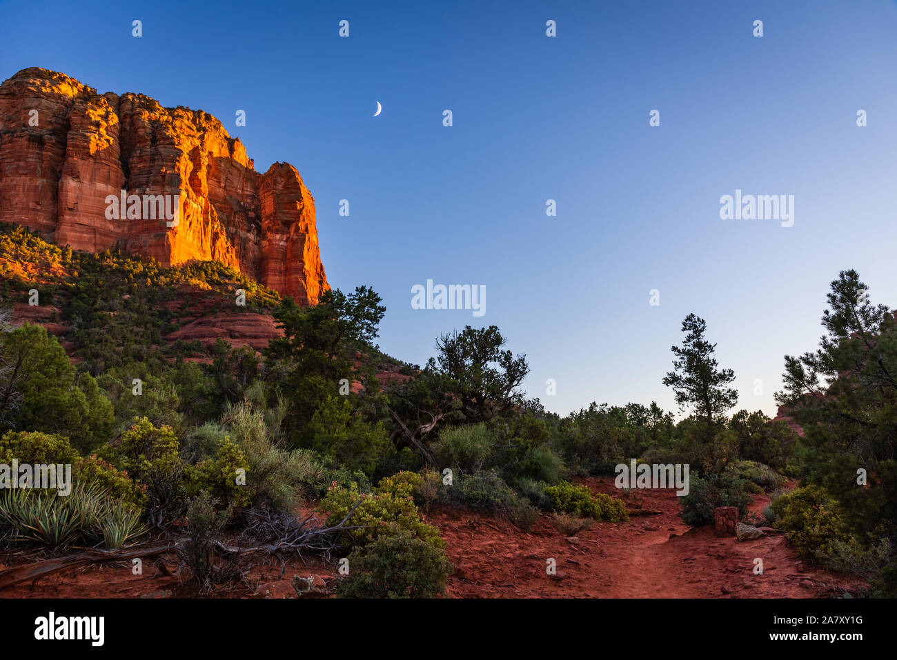 Abendlicher Blick von Sedona Bell Rock von der Bell Rock Trail mit einem waxing Crescent Moon in den Himmel. Stockfoto