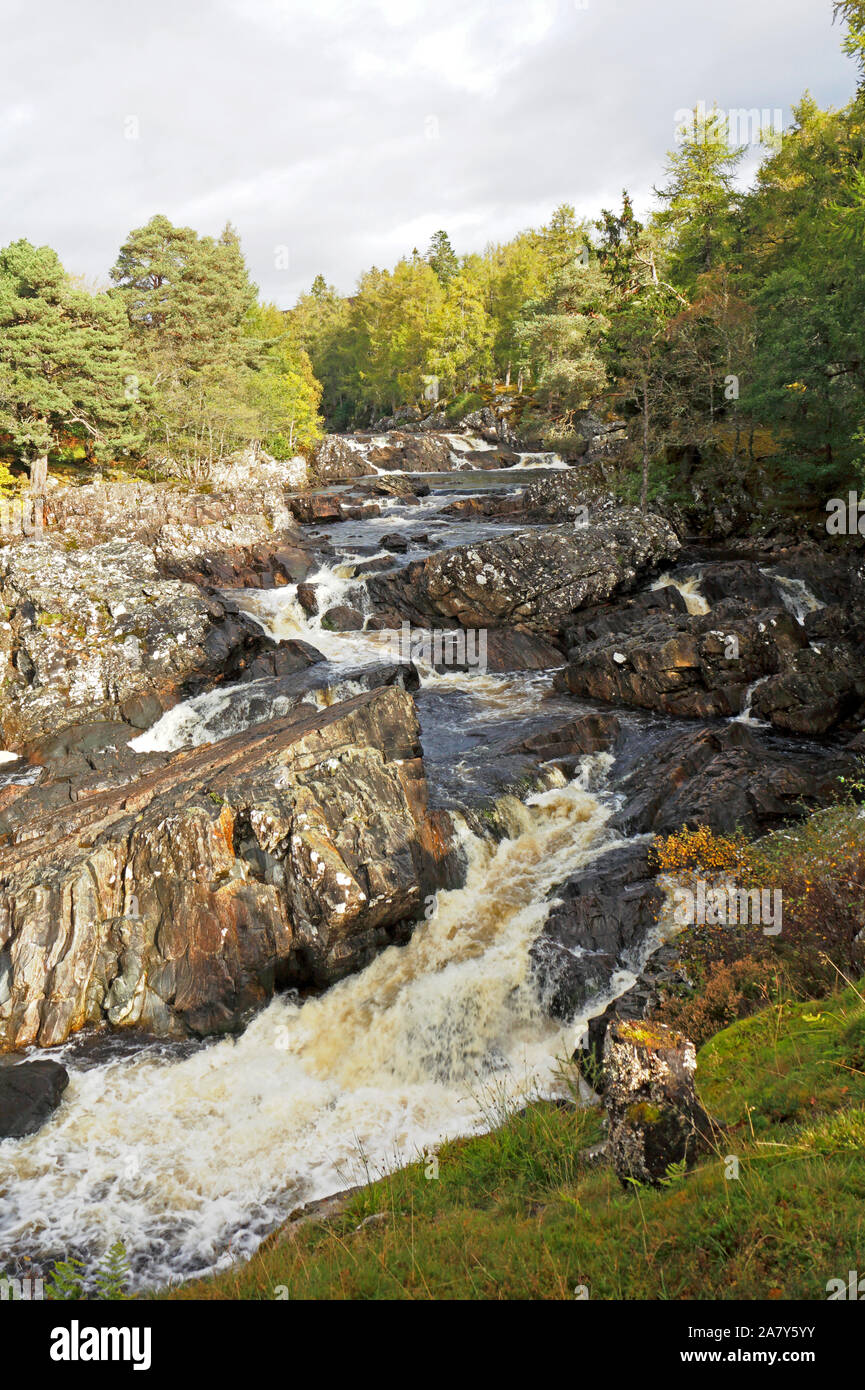 Ein Blick auf den Fluss Cassley durch Rosehall Wald in einem schmalen felsigen Schlucht in Sutherland, Schottland, Großbritannien, Europa. Stockfoto